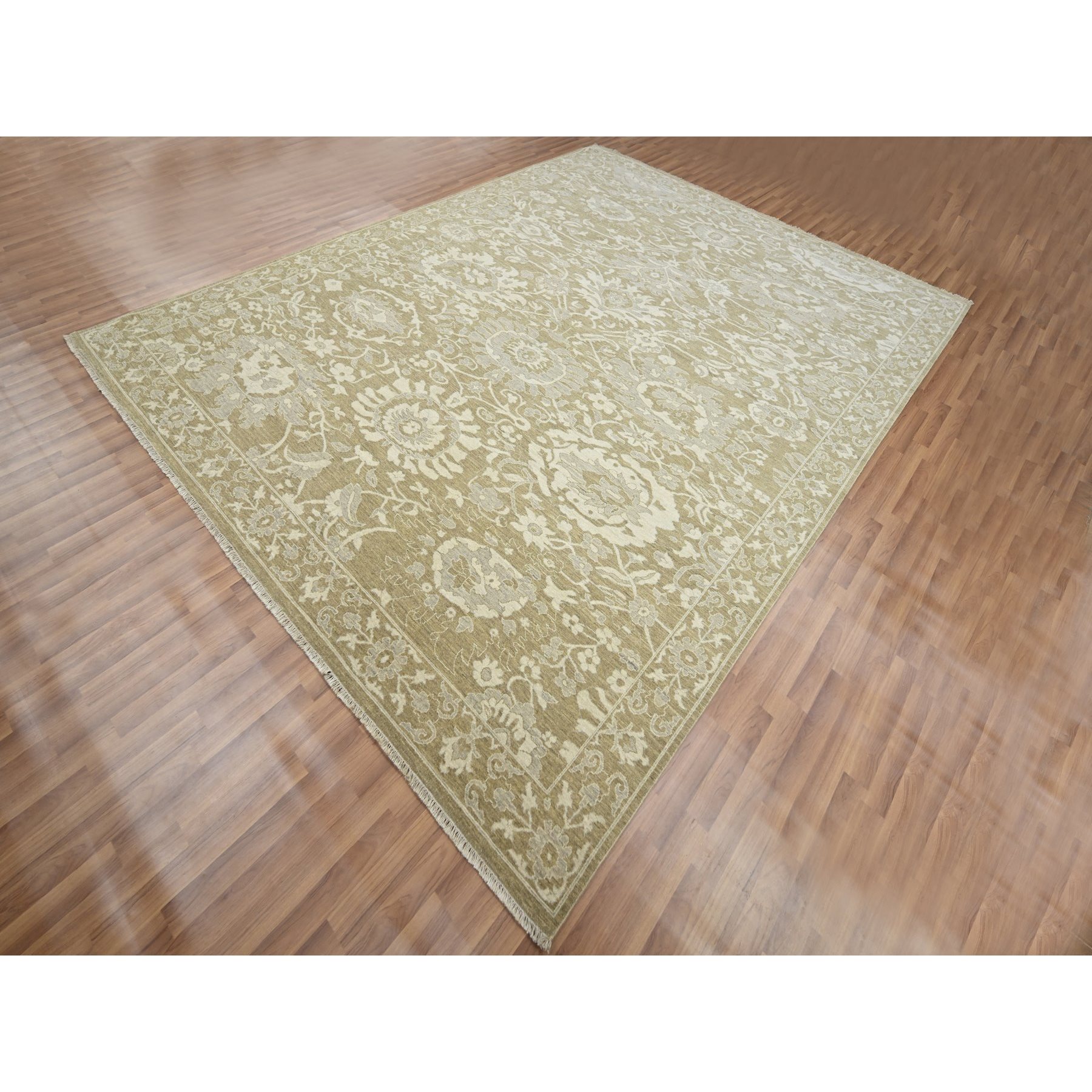9'x12' Reseda Green, Ziegler Mahal Large Flowers Design, Tone on Tone, Zero Pile, 100% Wool, Hand Knotted, Dense Weave, Oriental Rug Sh76165