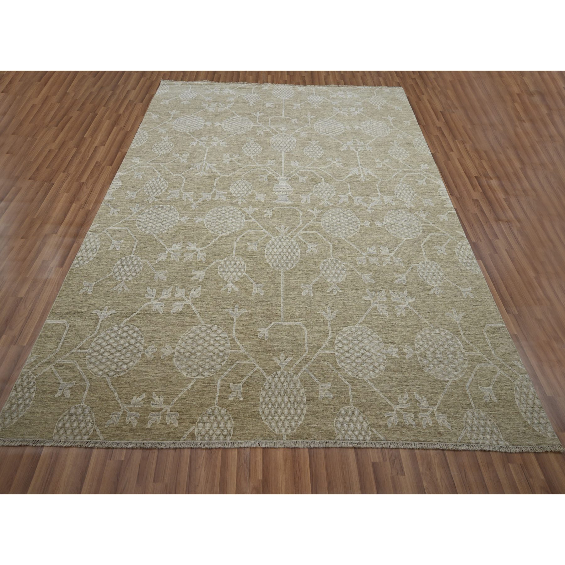 8'1"x10'1" Dark Vanilla Brown, Pomegranate Khotan Design, Tone on Tone, Zero Pile, 100% Wool, Hand Knotted, Dense Weave, Oriental Rug Sh76166
