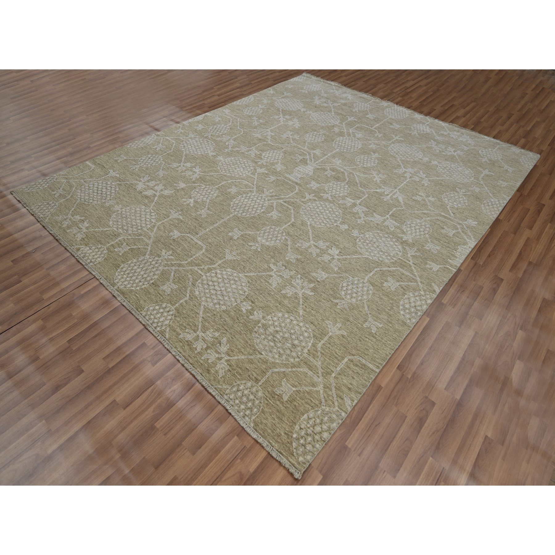 8'1"x10'1" Dark Vanilla Brown, Pomegranate Khotan Design, Tone on Tone, Zero Pile, 100% Wool, Hand Knotted, Dense Weave, Oriental Rug Sh76166