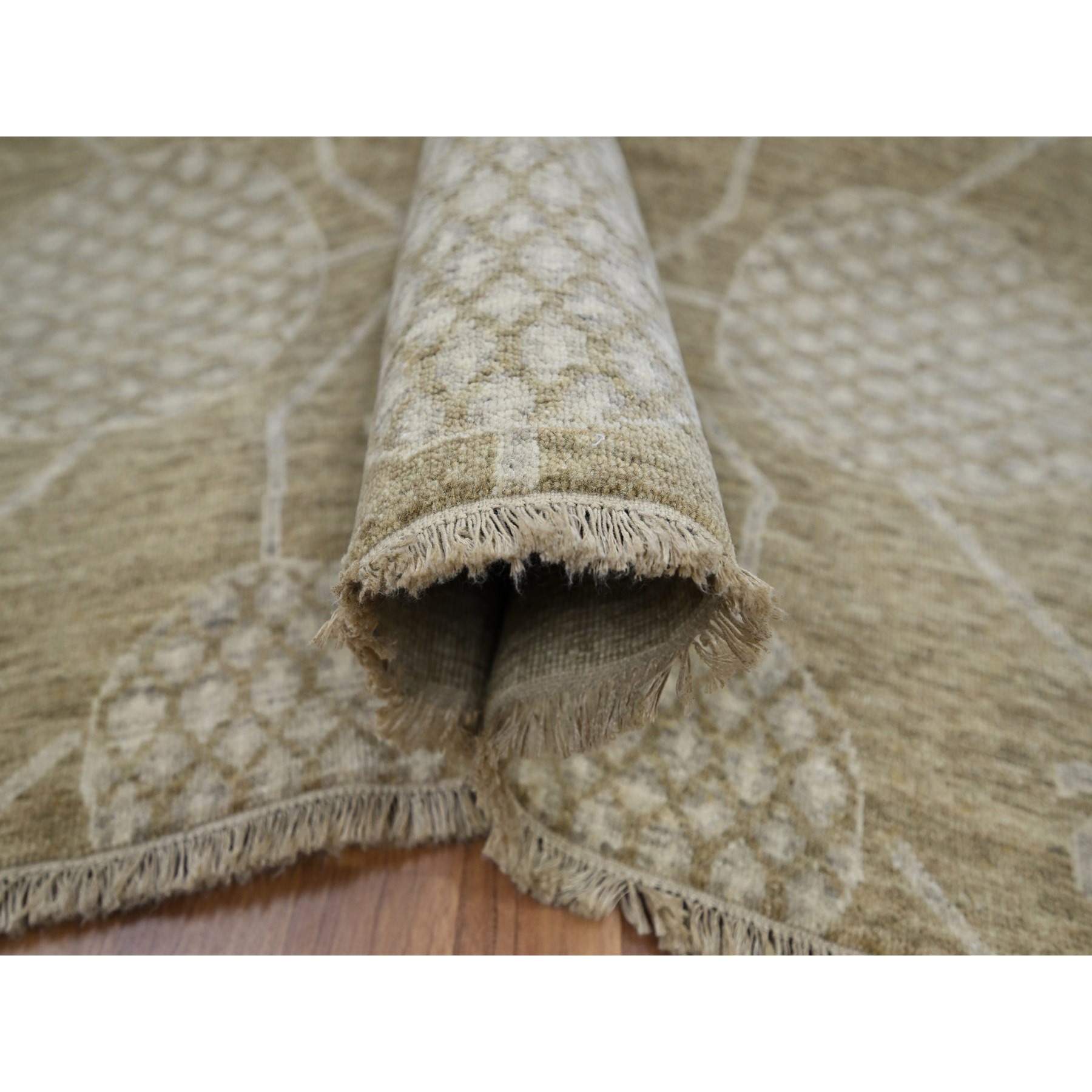 8'1"x10'1" Dark Vanilla Brown, Pomegranate Khotan Design, Tone on Tone, Zero Pile, 100% Wool, Hand Knotted, Dense Weave, Oriental Rug Sh76166