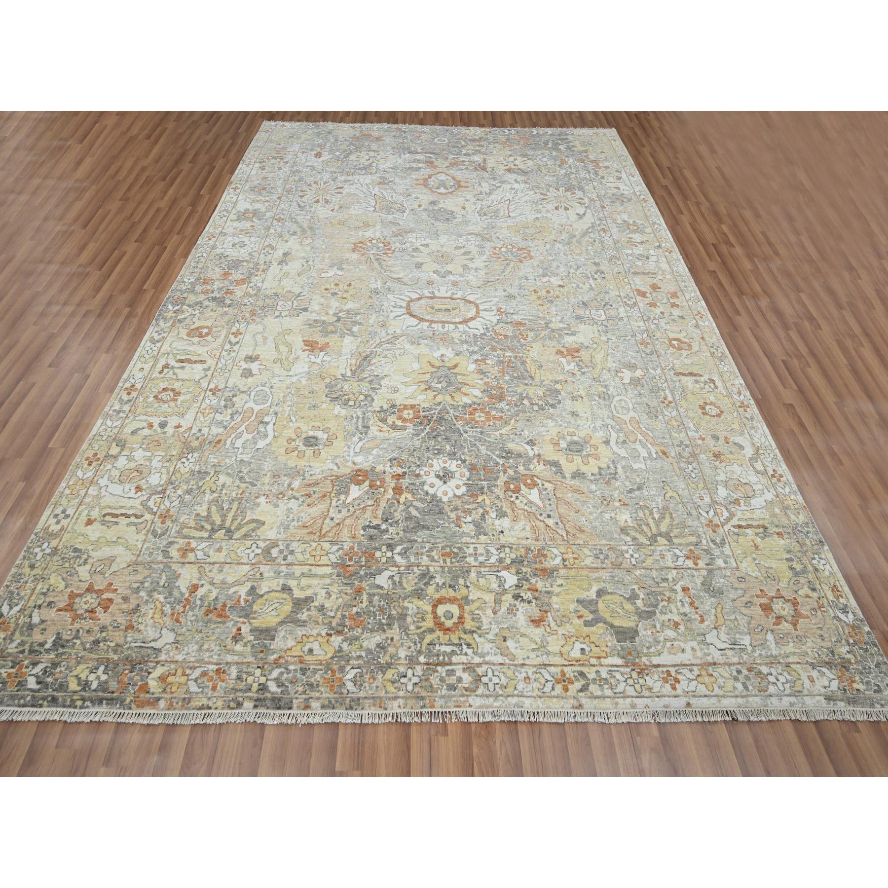 9'1"x12'3" Spanish Gray with Beige, Broken and Erased Sultanabad Design, Zero Pile, 100% Wool, Hand Knotted, Oriental Rug Sh76167