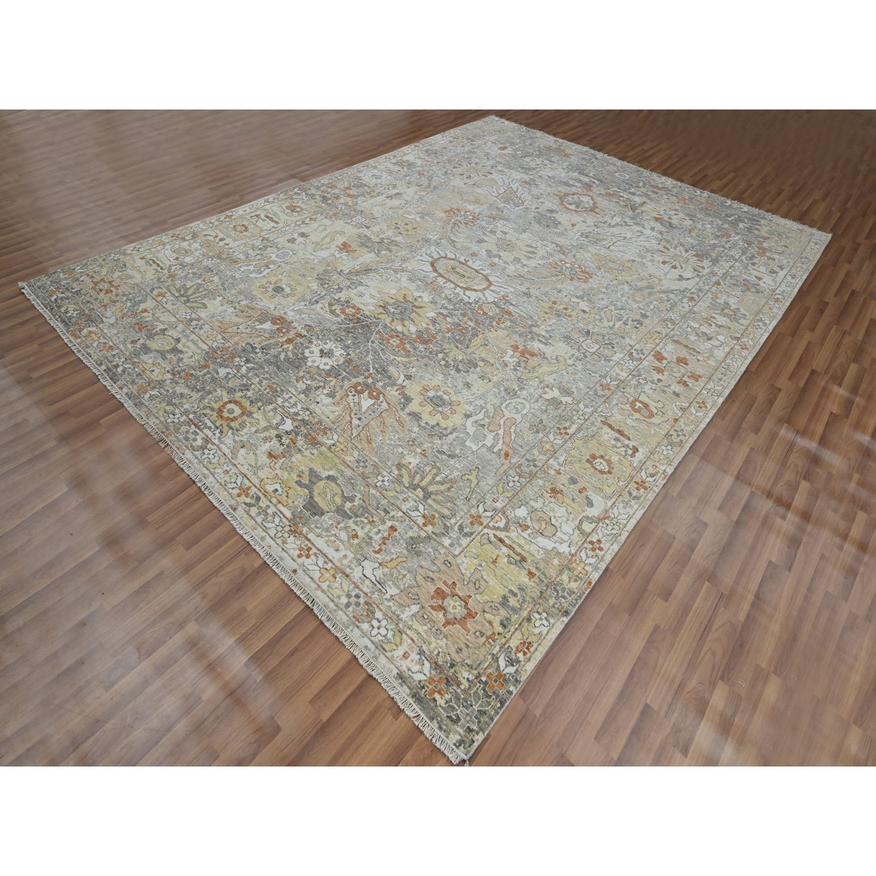 9'1"x12'3" Spanish Gray with Beige, Broken and Erased Sultanabad Design, Zero Pile, 100% Wool, Hand Knotted, Oriental Rug Sh76167