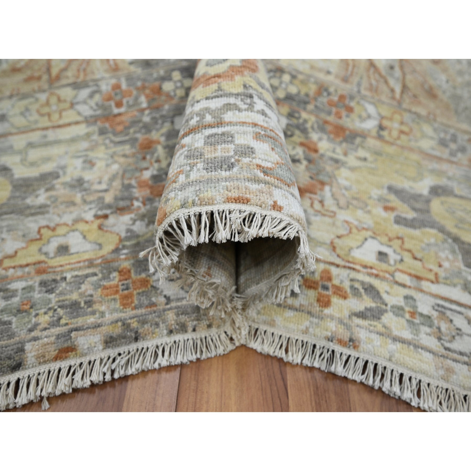 9'1"x12'3" Spanish Gray with Beige, Broken and Erased Sultanabad Design, Zero Pile, 100% Wool, Hand Knotted, Oriental Rug Sh76167