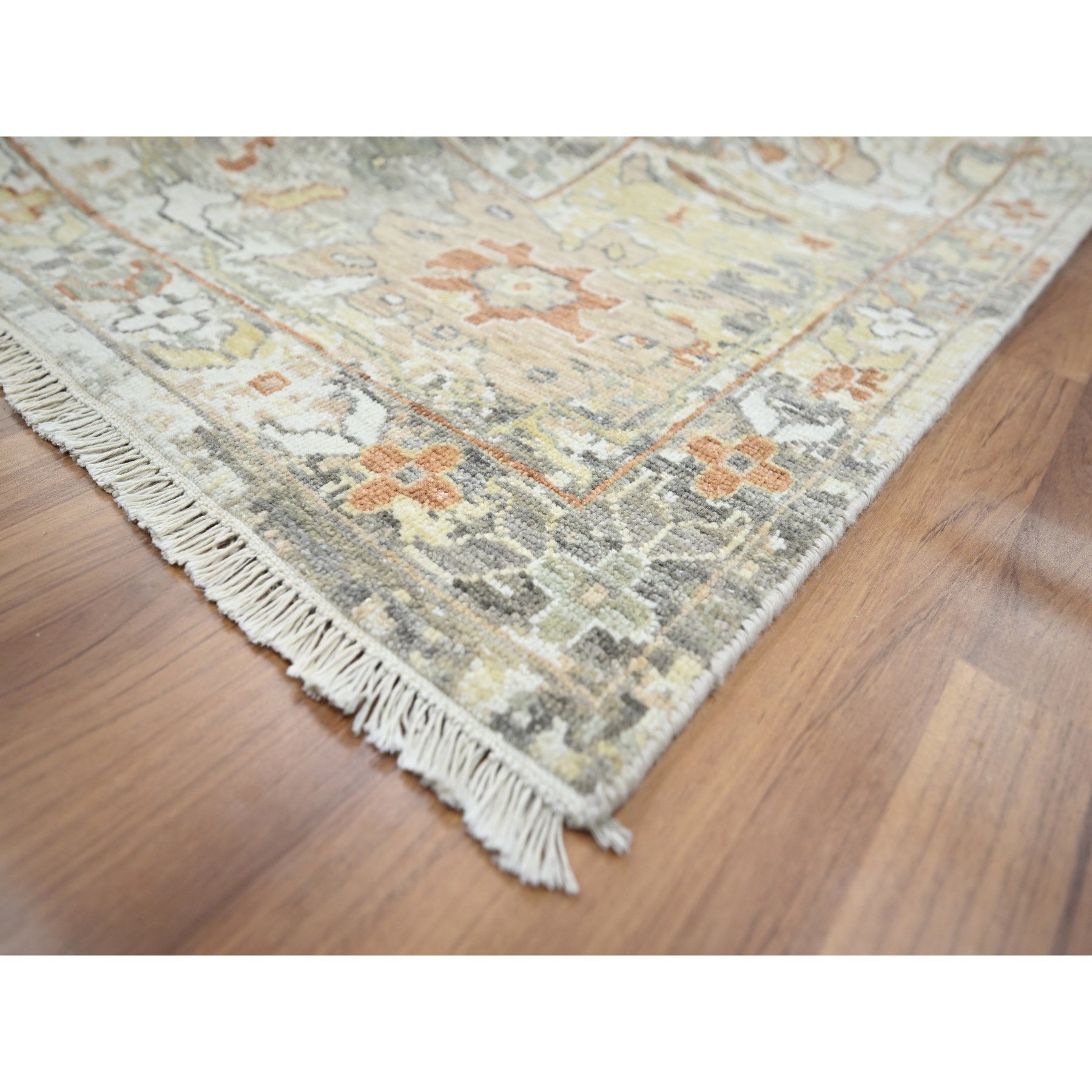 9'1"x12'3" Spanish Gray with Beige, Broken and Erased Sultanabad Design, Zero Pile, 100% Wool, Hand Knotted, Oriental Rug Sh76167