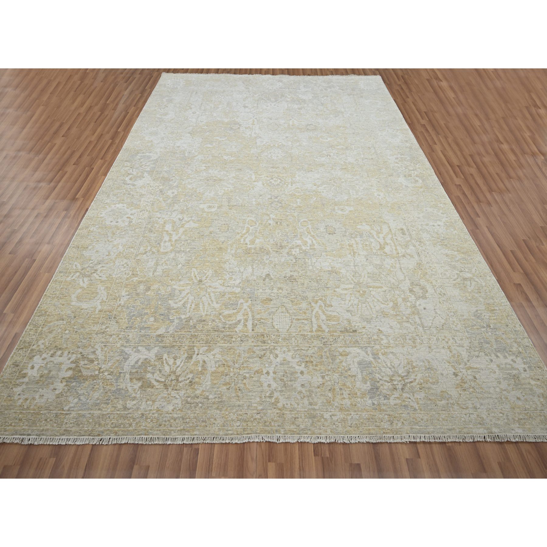 9'1"x12'2" Beige with Cloud Gray, Broken and Erased Sultanabad Design, Zero Pile, 100% Wool, Hand Knotted, Oriental Rug Sh76168