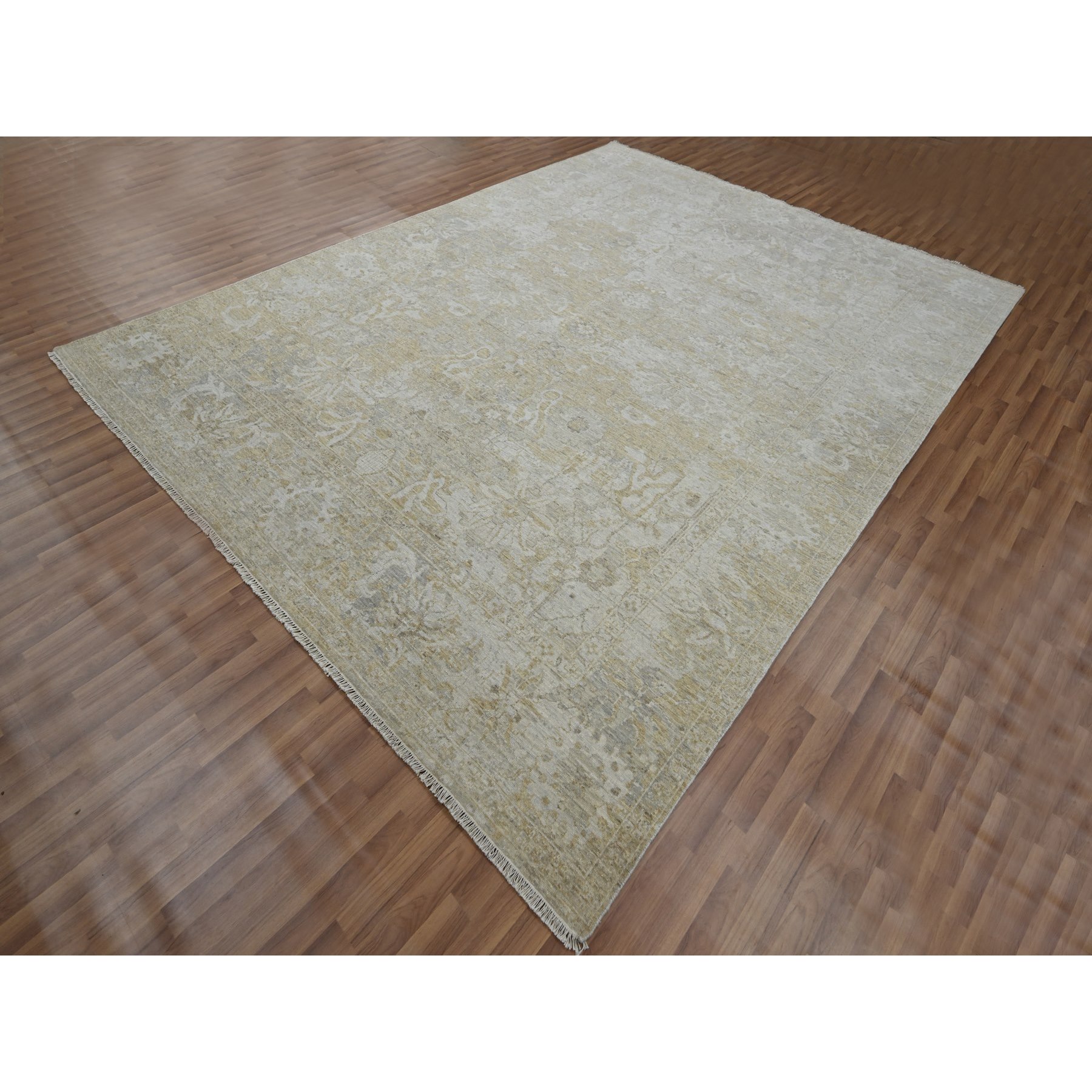 9'1"x12'2" Beige with Cloud Gray, Broken and Erased Sultanabad Design, Zero Pile, 100% Wool, Hand Knotted, Oriental Rug Sh76168