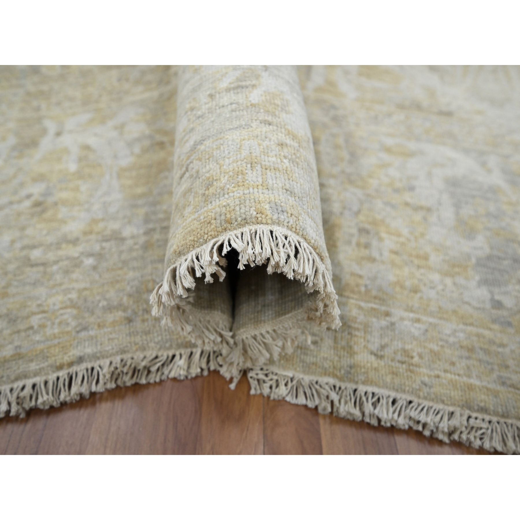 9'1"x12'2" Beige with Cloud Gray, Broken and Erased Sultanabad Design, Zero Pile, 100% Wool, Hand Knotted, Oriental Rug Sh76168