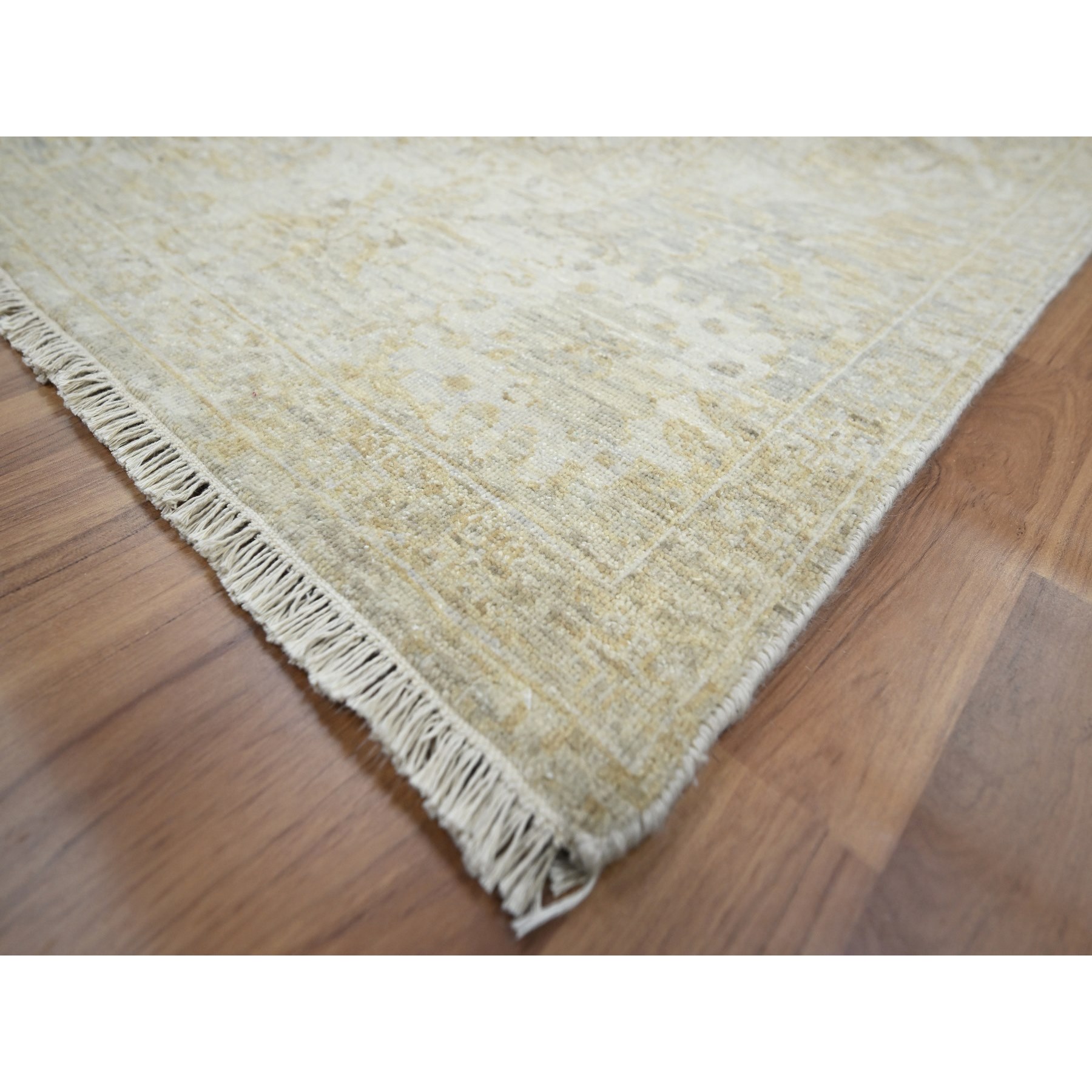 9'1"x12'2" Beige with Cloud Gray, Broken and Erased Sultanabad Design, Zero Pile, 100% Wool, Hand Knotted, Oriental Rug Sh76168