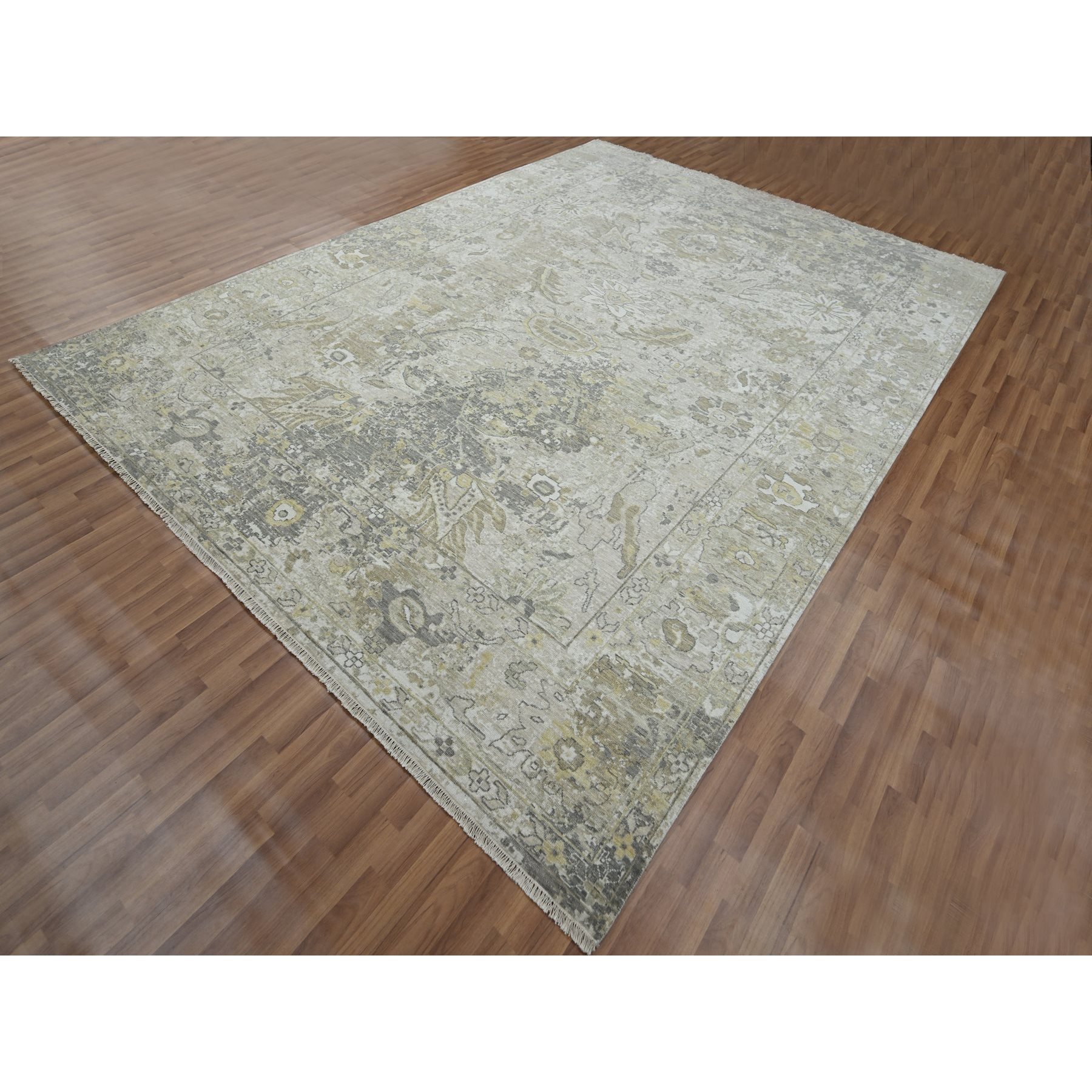 9'2"x12'5" Spanish Gray with Beige, Hand Knotted, Broken and Erased Sultanabad Design, Zero Pile, 100% Wool, Oriental Rug Sh76169