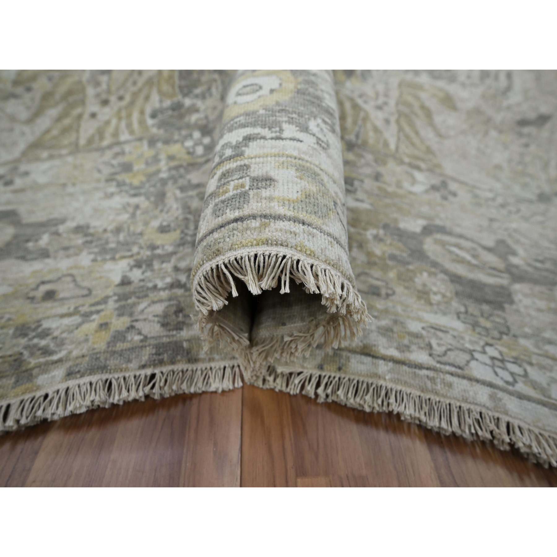 9'2"x12'5" Spanish Gray with Beige, Hand Knotted, Broken and Erased Sultanabad Design, Zero Pile, 100% Wool, Oriental Rug Sh76169