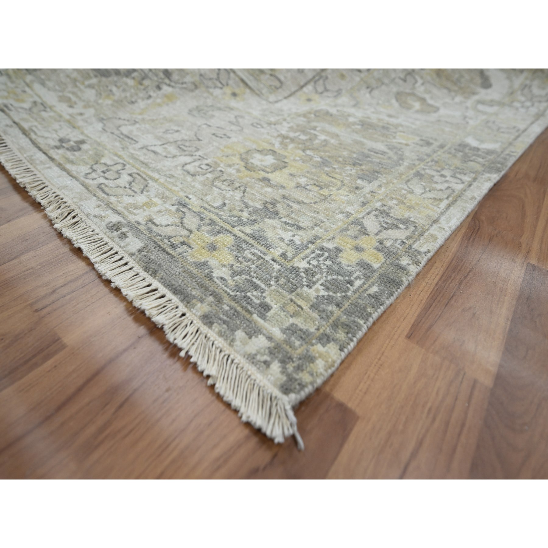 9'2"x12'5" Spanish Gray with Beige, Hand Knotted, Broken and Erased Sultanabad Design, Zero Pile, 100% Wool, Oriental Rug Sh76169