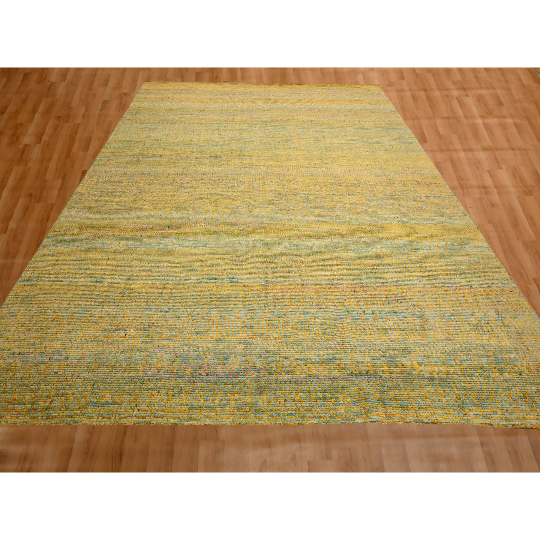 9'9"x13'5" Golden Yellow, Modern Grass Design, Wool and Sari Silk, Tone on Tone, Hand Knotted, Oriental Rug Sh76171