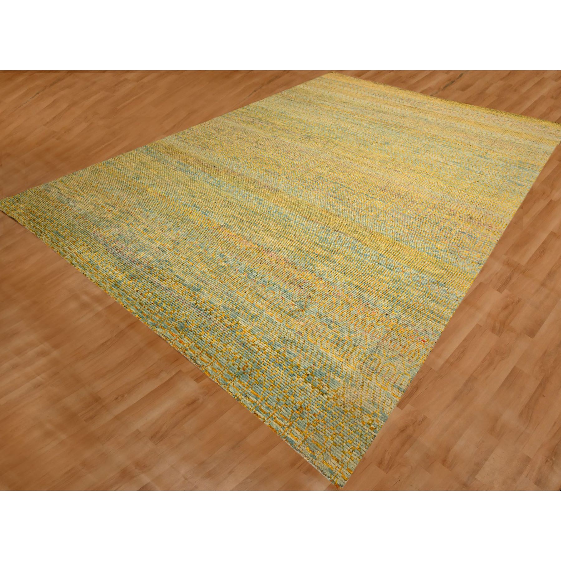 9'9"x13'5" Golden Yellow, Modern Grass Design, Wool and Sari Silk, Tone on Tone, Hand Knotted, Oriental Rug Sh76171