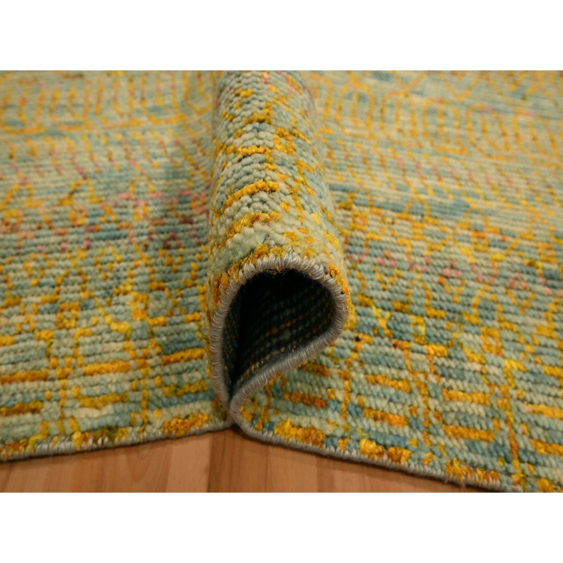9'9"x13'5" Golden Yellow, Modern Grass Design, Wool and Sari Silk, Tone on Tone, Hand Knotted, Oriental Rug Sh76171