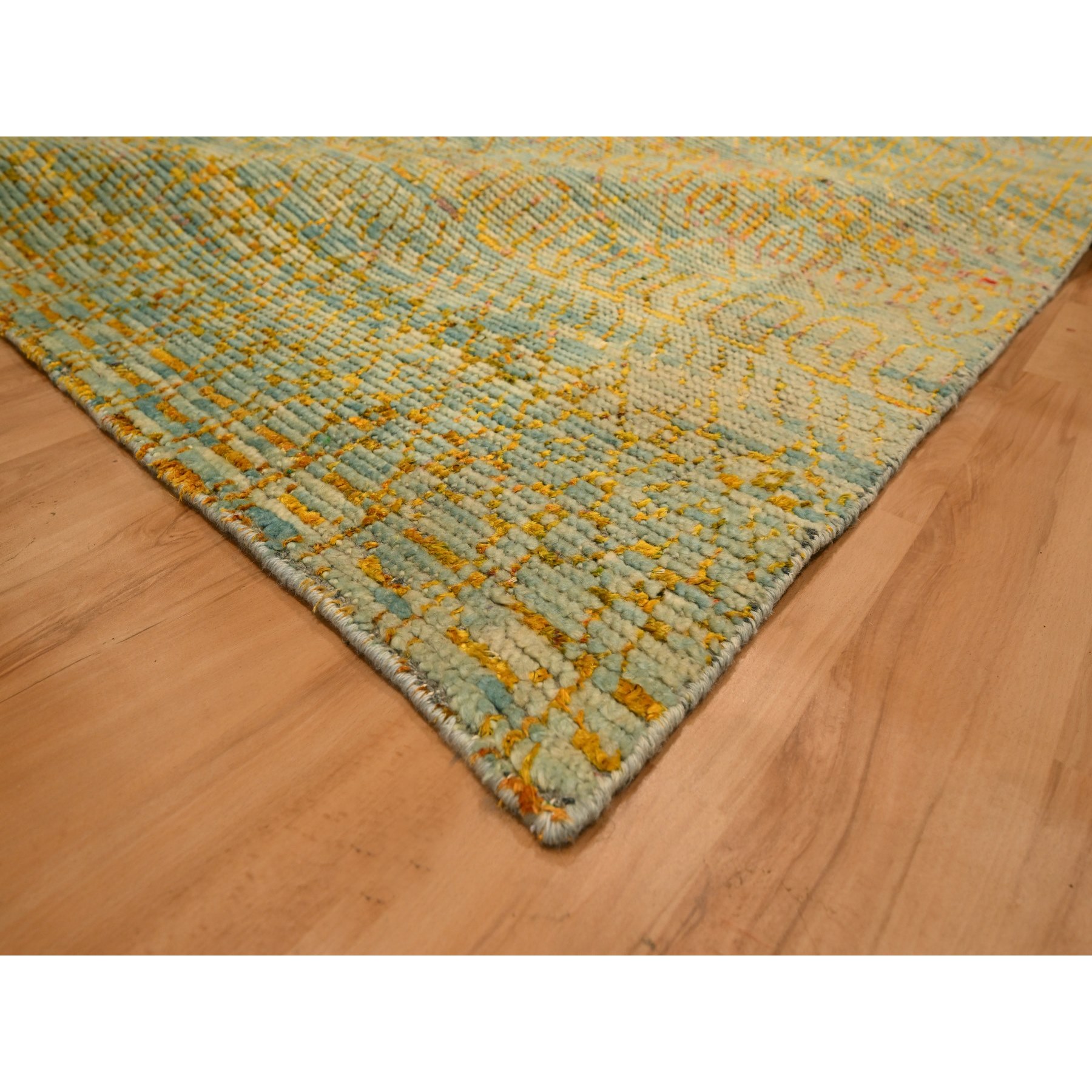 9'9"x13'5" Golden Yellow, Modern Grass Design, Wool and Sari Silk, Tone on Tone, Hand Knotted, Oriental Rug Sh76171