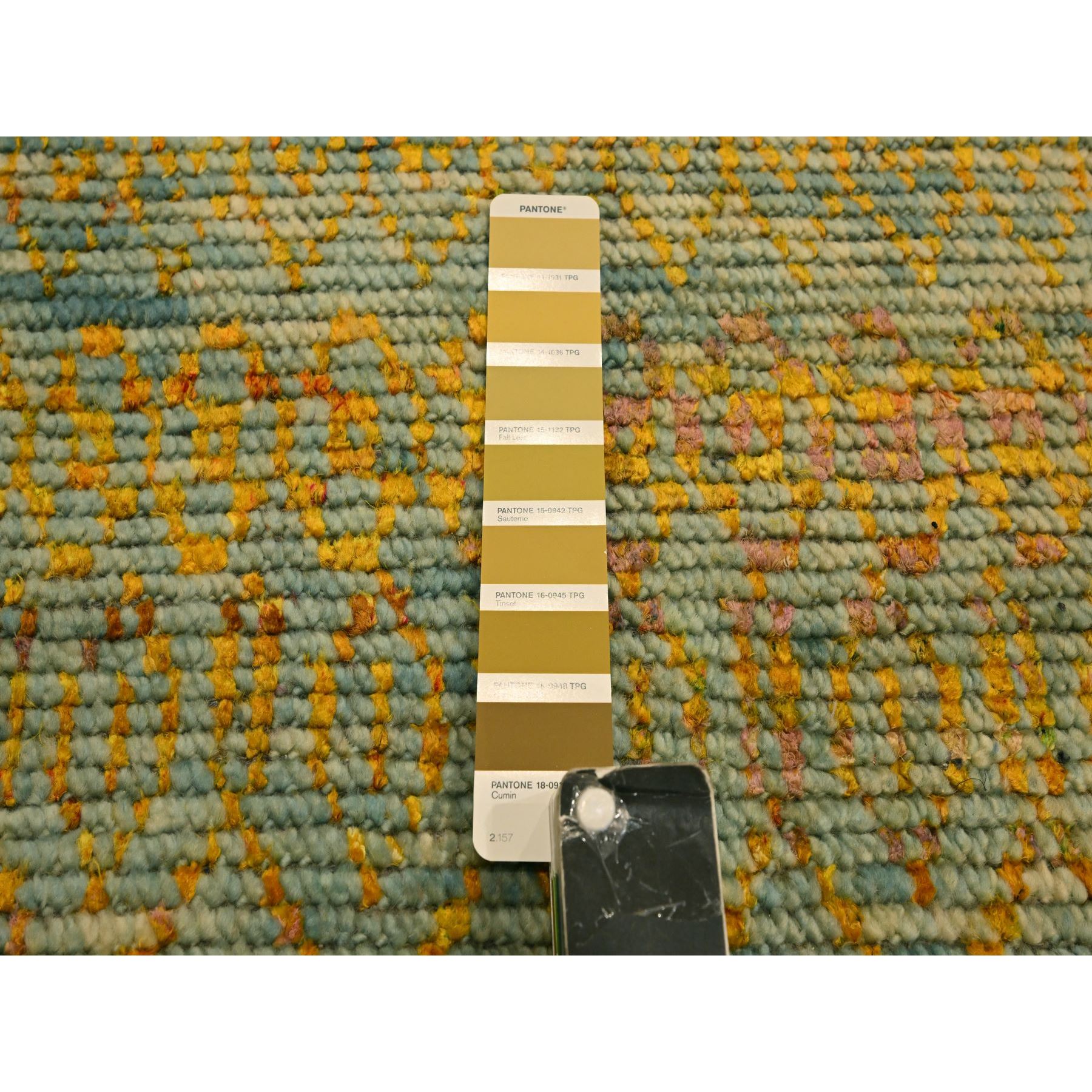 9'9"x13'5" Golden Yellow, Modern Grass Design, Wool and Sari Silk, Tone on Tone, Hand Knotted, Oriental Rug Sh76171