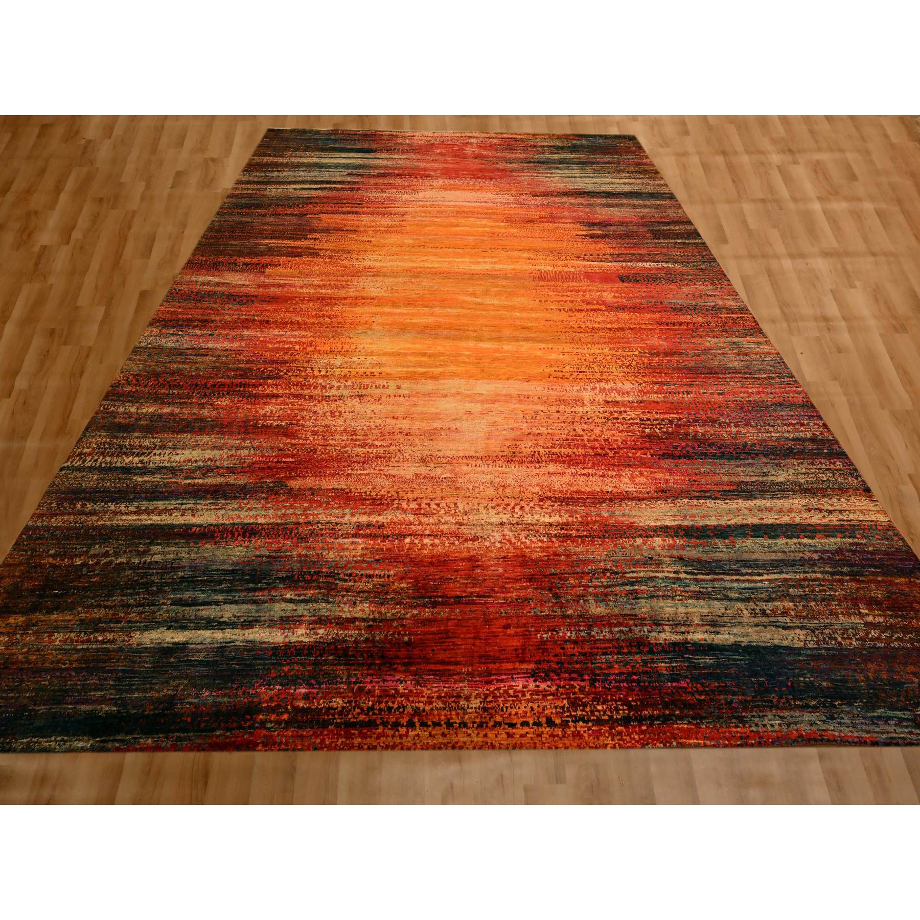 9'10"x14'1" Sunset Colors, Pure Sari Silk, Modern Design, Soft to the Touch, Hand Knotted, Oriental Rug Sh76172