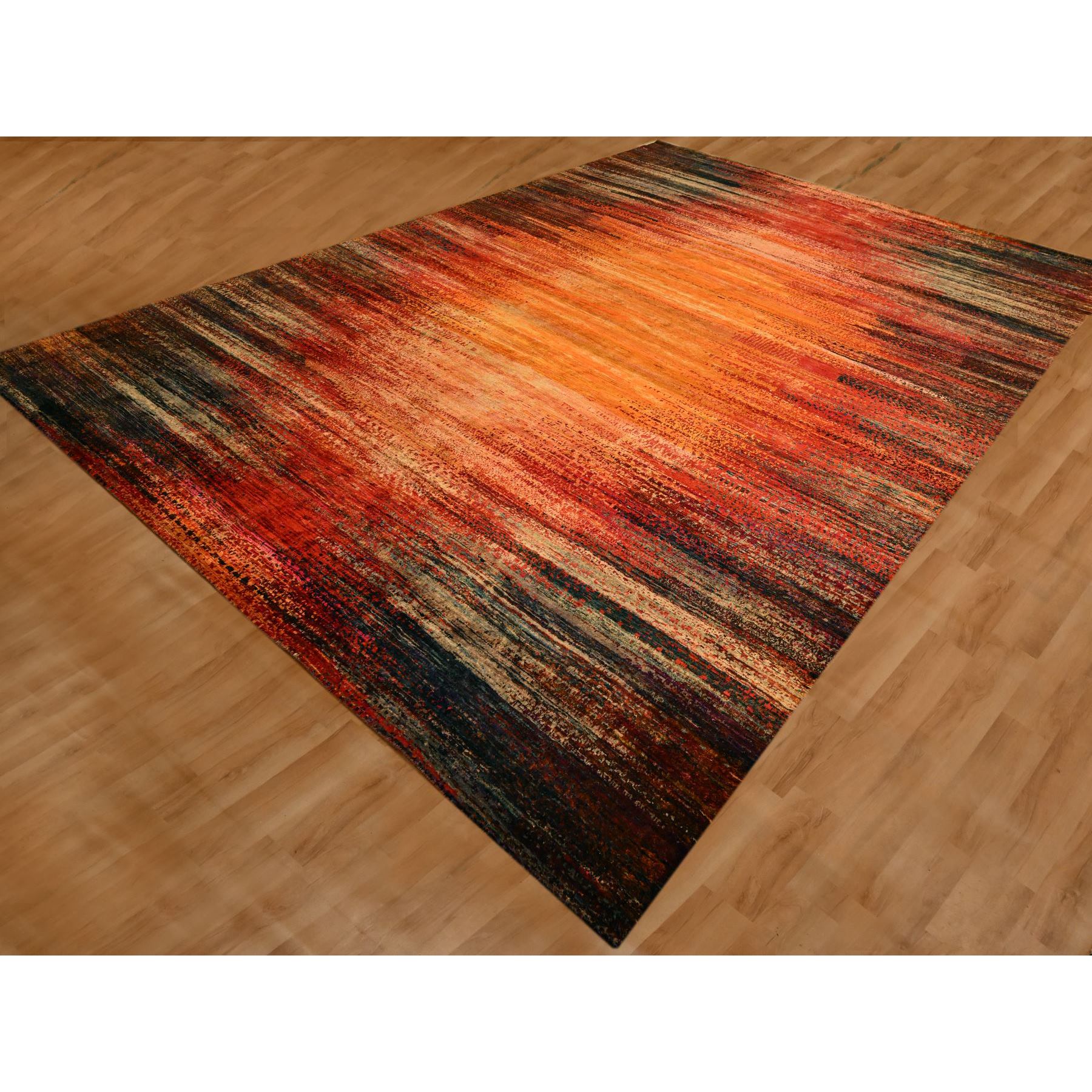 9'10"x14'1" Sunset Colors, Pure Sari Silk, Modern Design, Soft to the Touch, Hand Knotted, Oriental Rug Sh76172