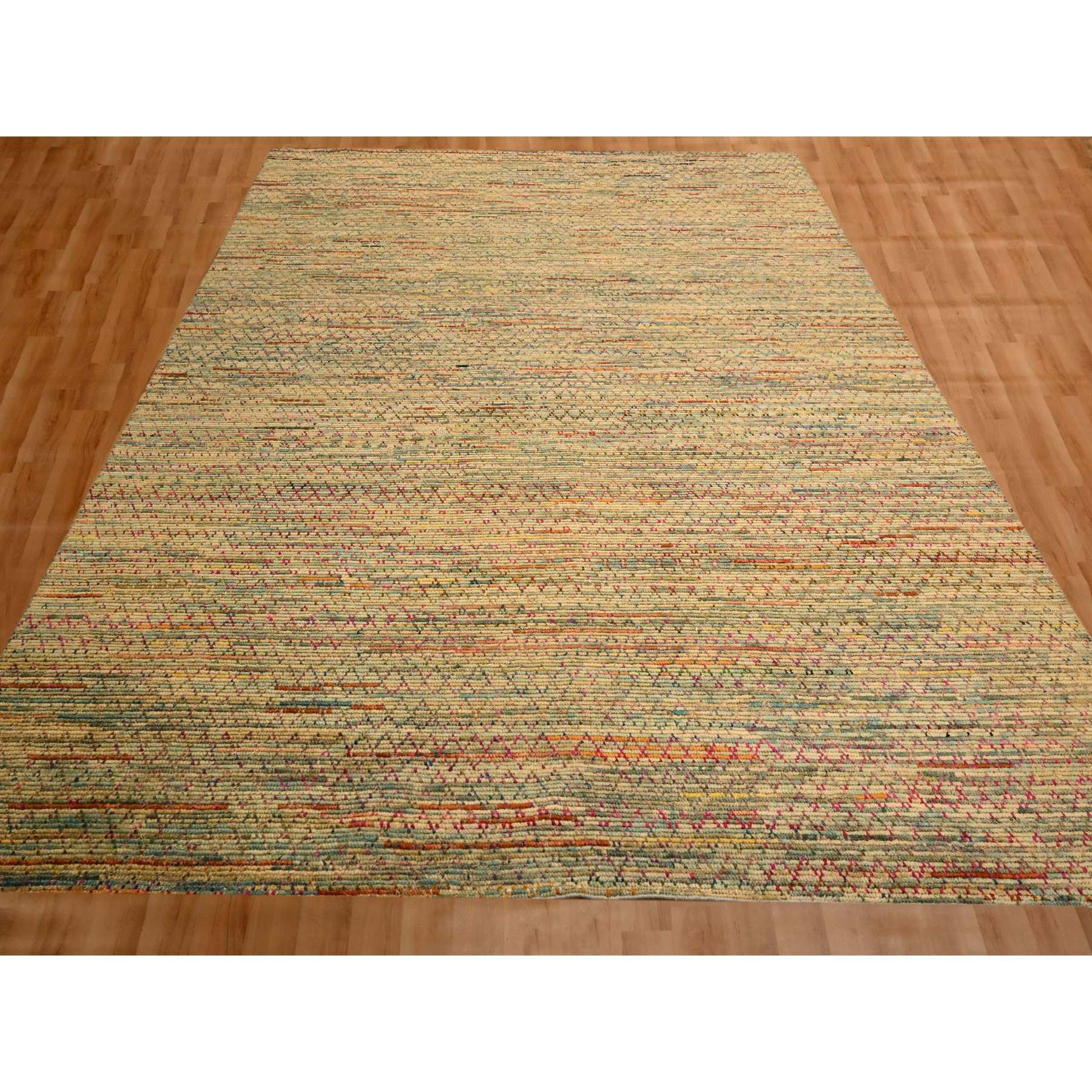 9'1"x12'2" Beige, Wool and Sari Silk with Textured Weave, Modern Design, Hand Knotted, Oriental Rug Sh76173