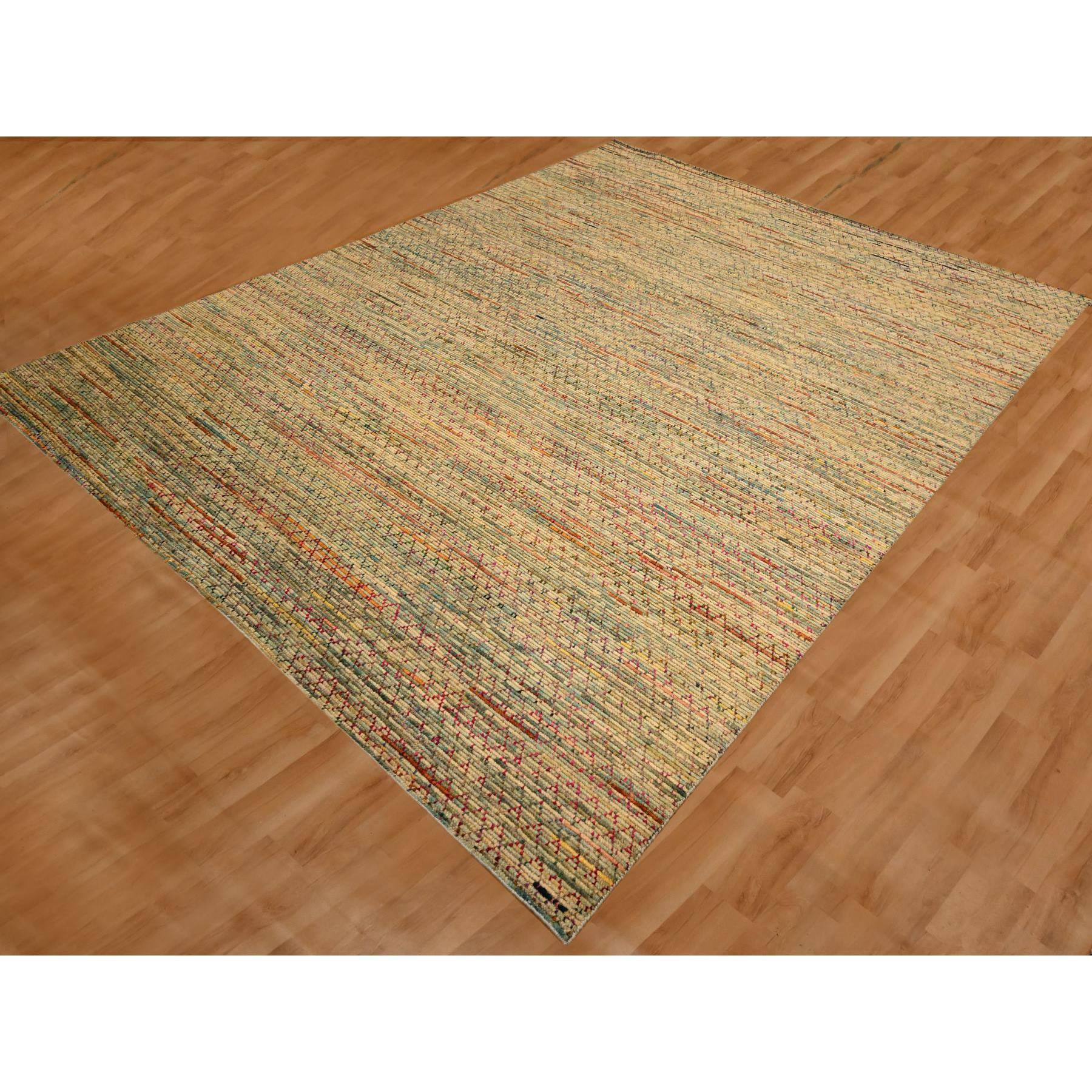 9'1"x12'2" Beige, Wool and Sari Silk with Textured Weave, Modern Design, Hand Knotted, Oriental Rug Sh76173