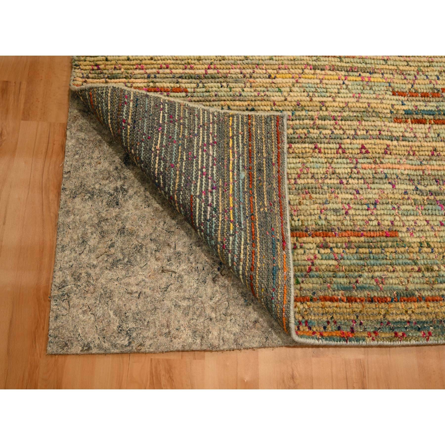 9'1"x12'2" Beige, Wool and Sari Silk with Textured Weave, Modern Design, Hand Knotted, Oriental Rug Sh76173