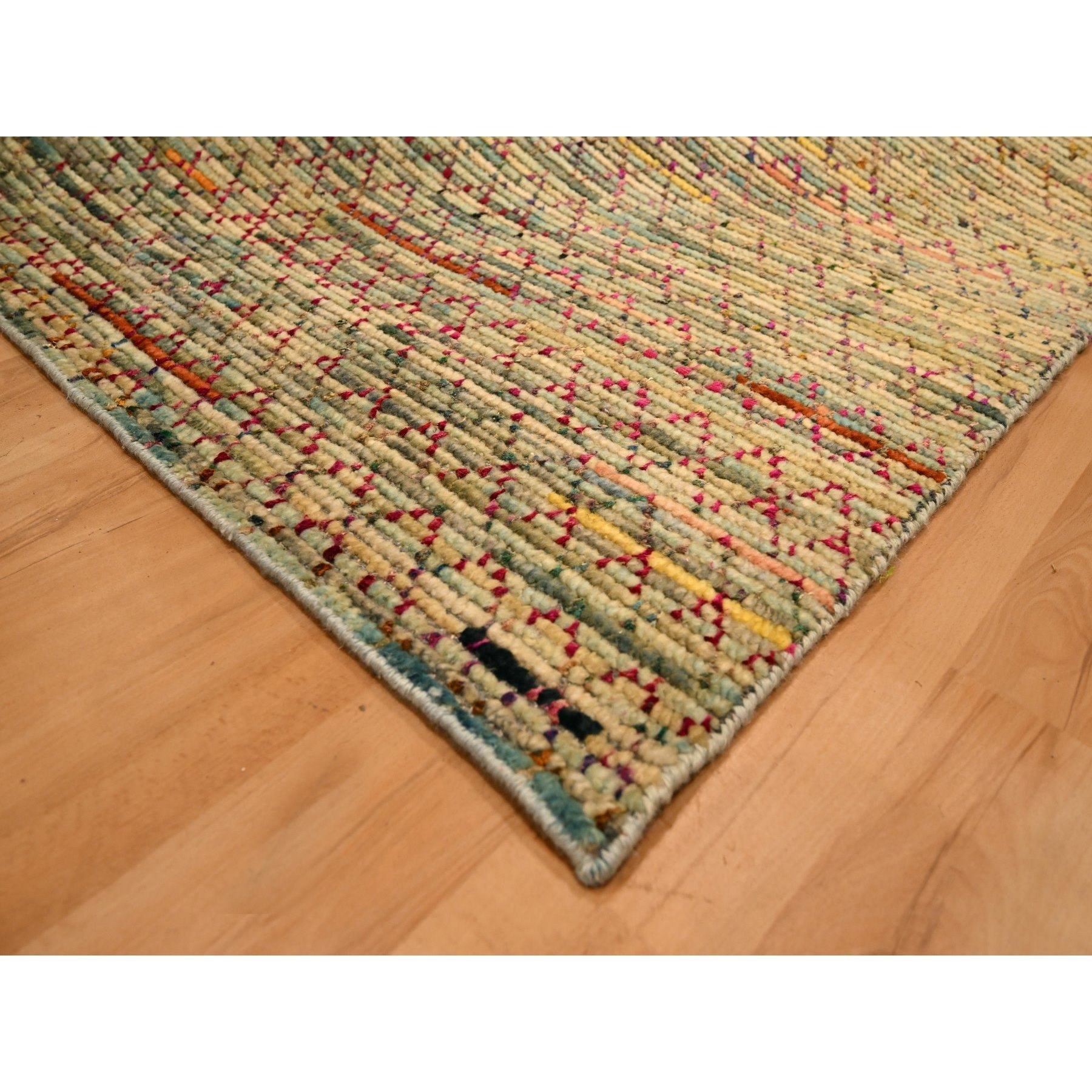 9'1"x12'2" Beige, Wool and Sari Silk with Textured Weave, Modern Design, Hand Knotted, Oriental Rug Sh76173