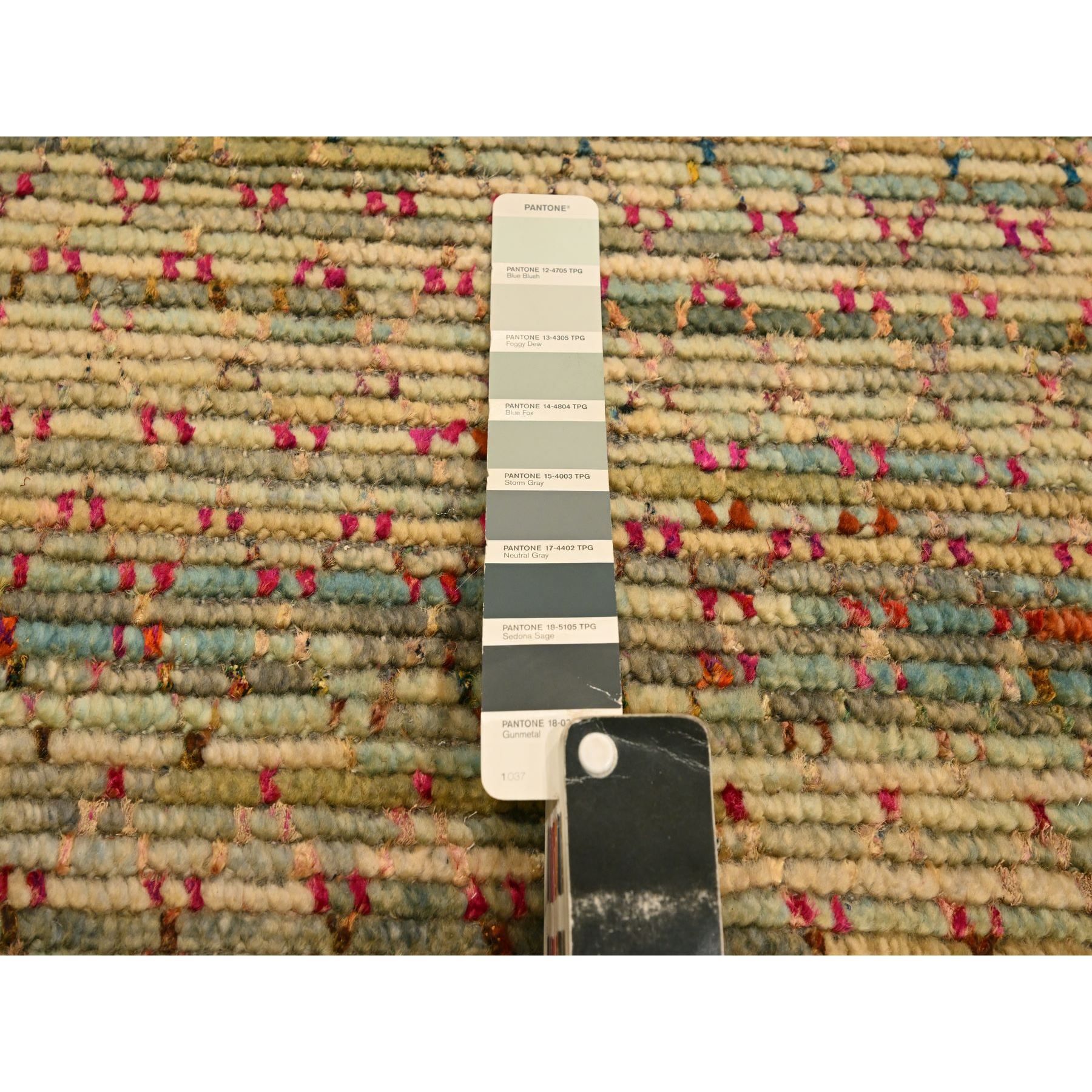 9'1"x12'2" Beige, Wool and Sari Silk with Textured Weave, Modern Design, Hand Knotted, Oriental Rug Sh76173