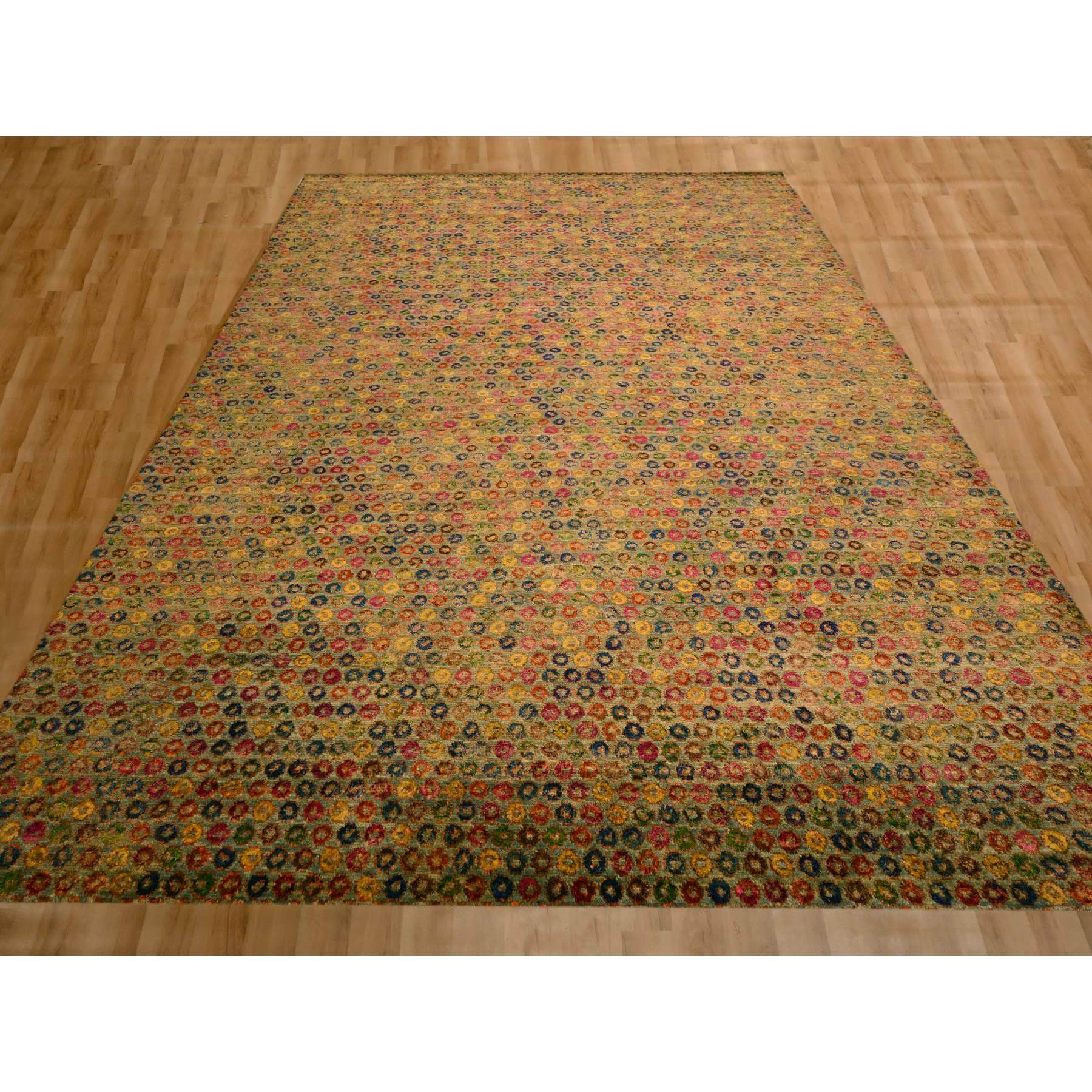 10'2"x14' Golden Yellow, THE BUTTONS, Wool and Sari Silk, Hand Knotted, Soft to the Touch, Oriental Rug Sh76174