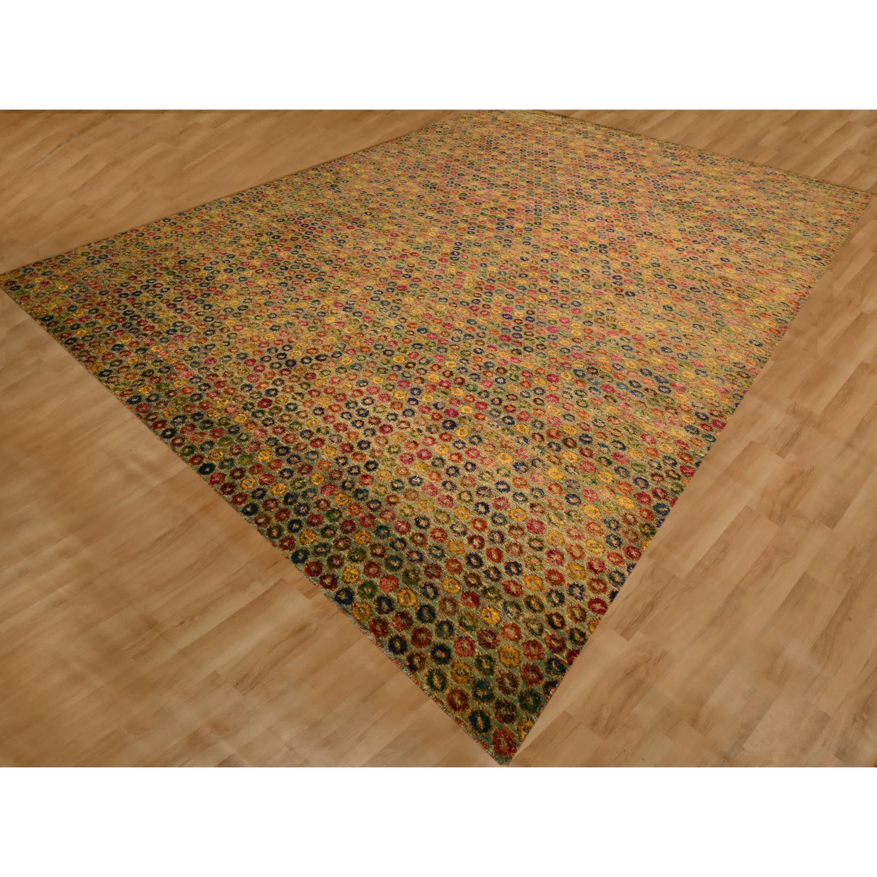 10'2"x14' Golden Yellow, THE BUTTONS, Wool and Sari Silk, Hand Knotted, Soft to the Touch, Oriental Rug Sh76174