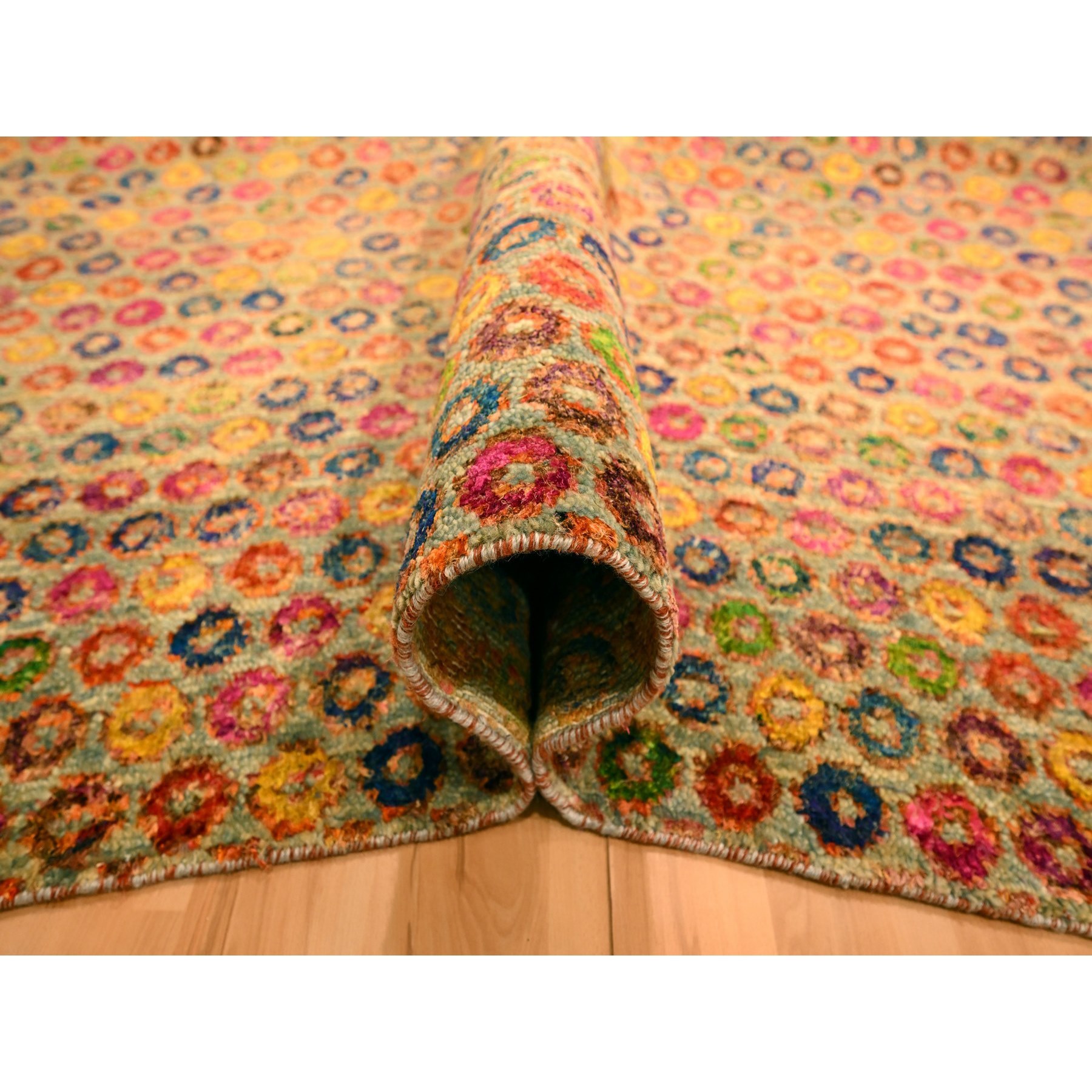 10'2"x14' Golden Yellow, THE BUTTONS, Wool and Sari Silk, Hand Knotted, Soft to the Touch, Oriental Rug Sh76174