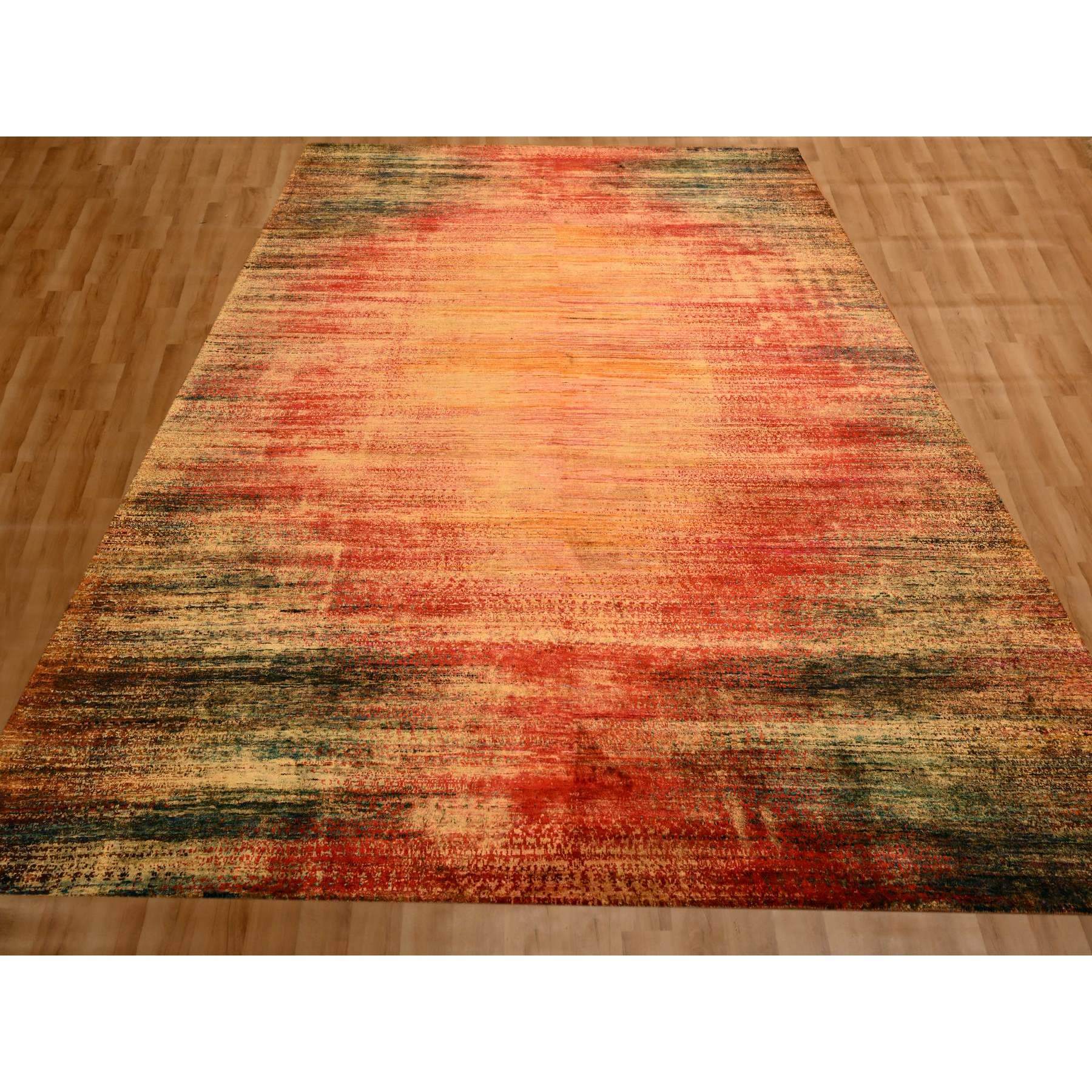 9'x12' Sunset Colors, Modern Design, Pure Sari Silk, Soft to the Touch, Hand Knotted, Oriental Rug Sh76175