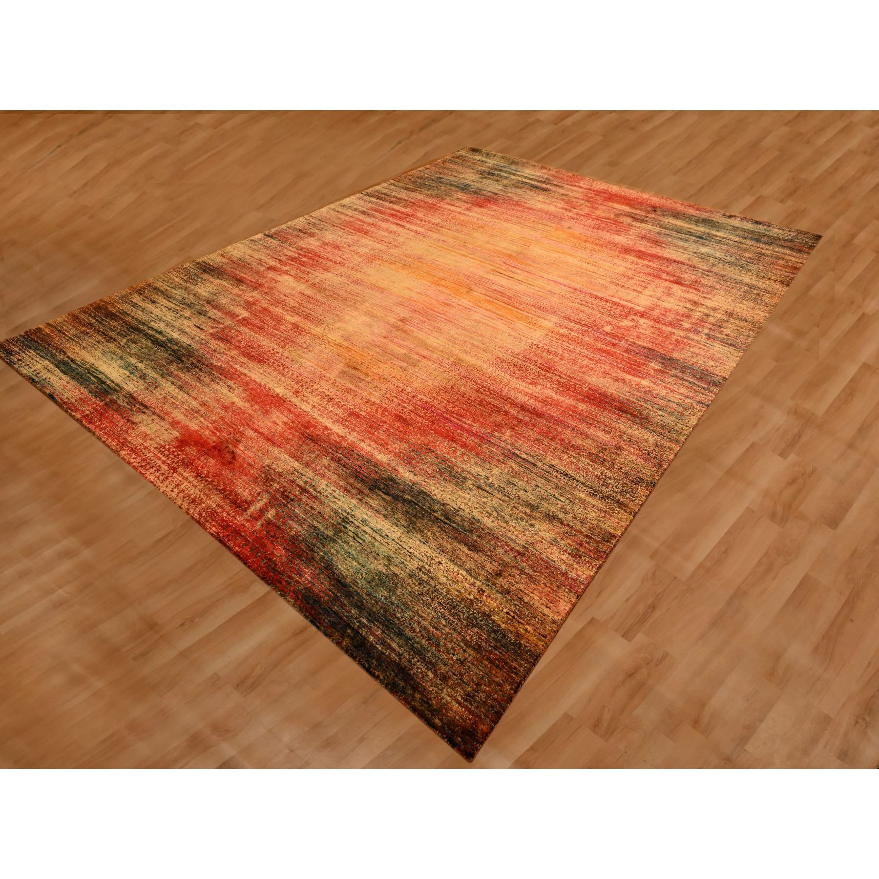 9'x12' Sunset Colors, Modern Design, Pure Sari Silk, Soft to the Touch, Hand Knotted, Oriental Rug Sh76175