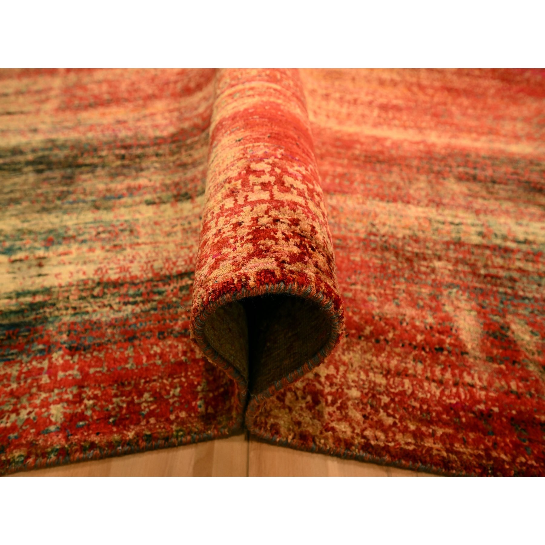 9'x12' Sunset Colors, Modern Design, Pure Sari Silk, Soft to the Touch, Hand Knotted, Oriental Rug Sh76175