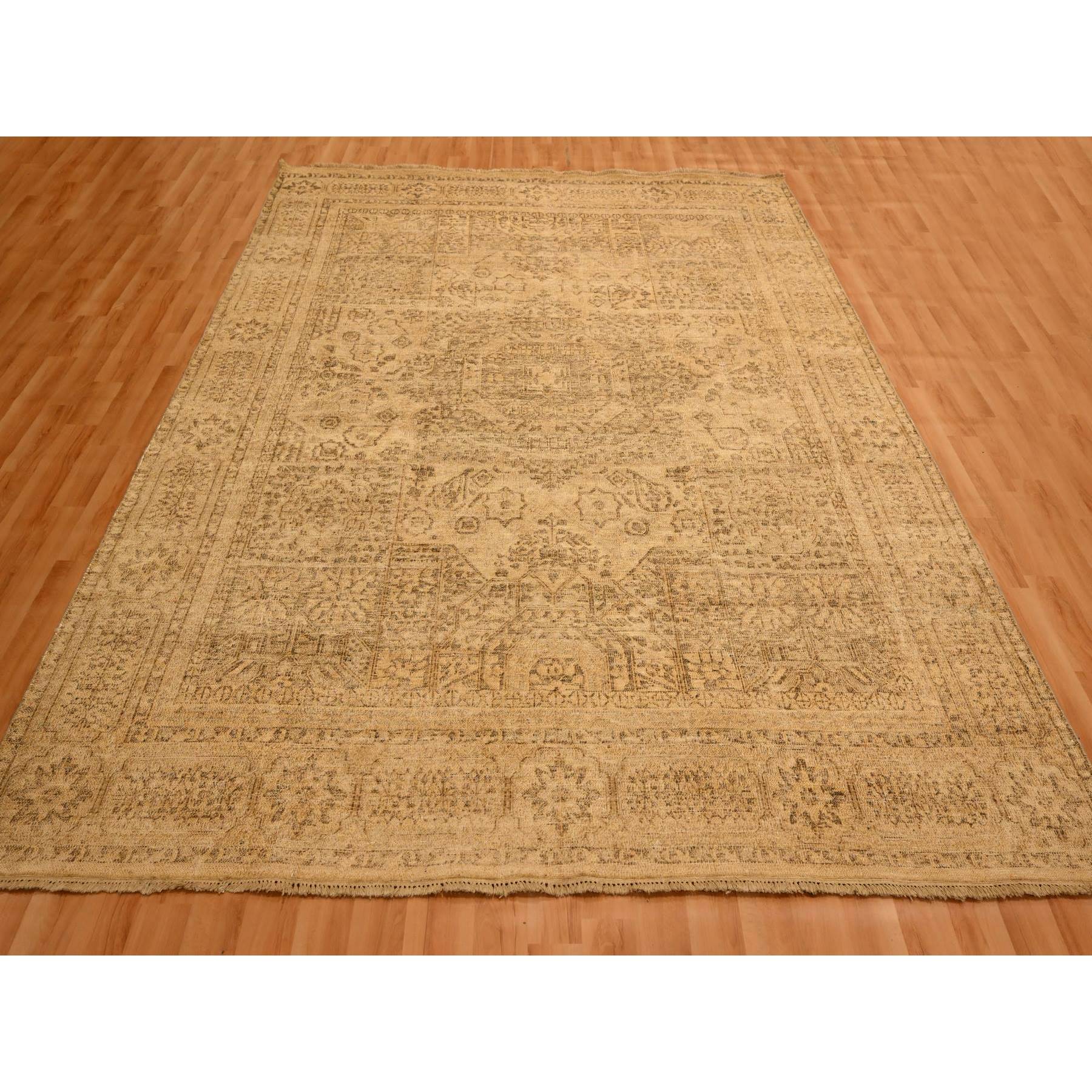 7'9"x10'3" Ecru Brown, Mamluk Design, Tone on Tone, Zero Pile, Hand Knotted, Pure Wool, Oriental Rug Sh76180