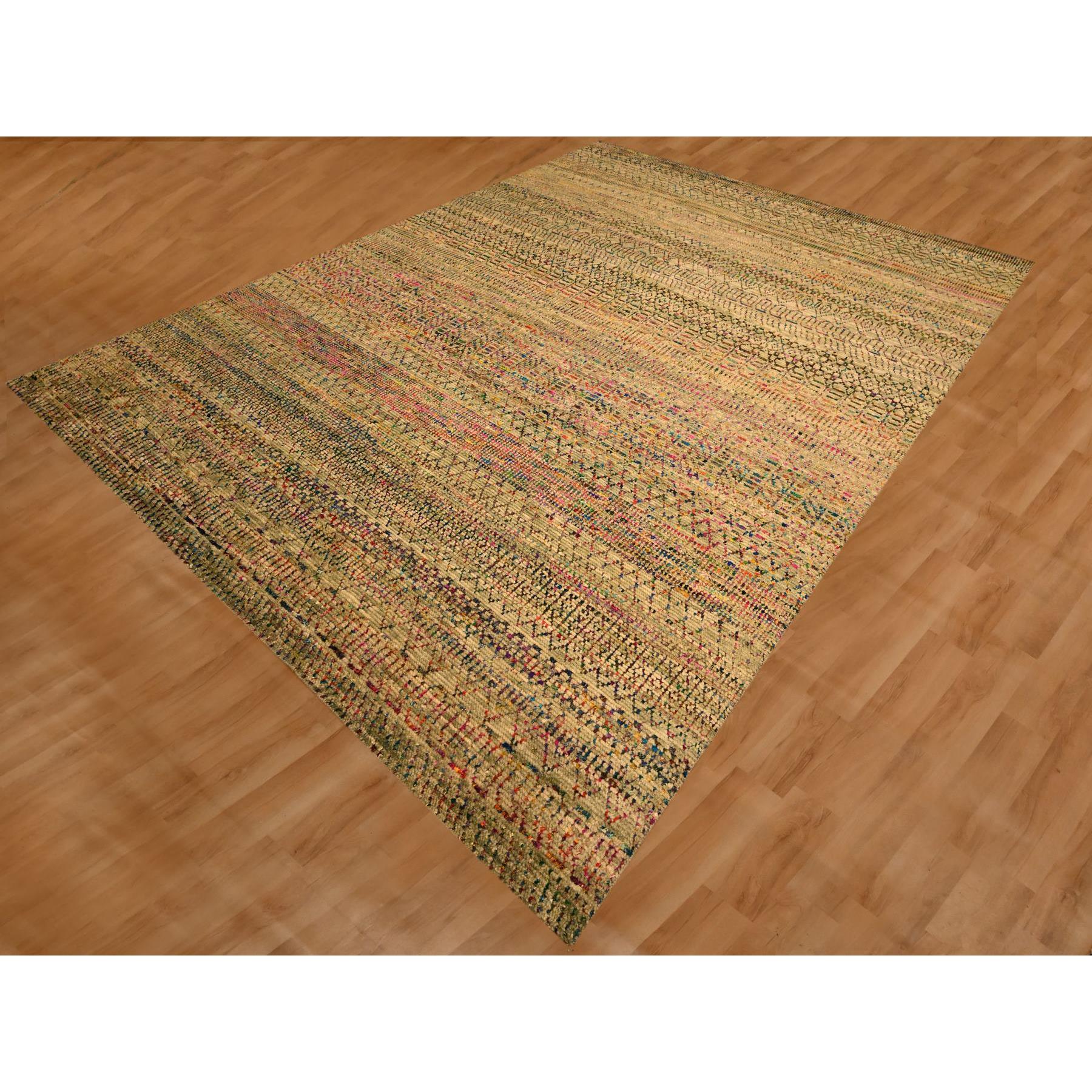 9'x12'3" Burlywood Brown, Sari Silk and Wool, Repetitive Line and Geometric Design, Hand Knotted, Oriental, Rug Sh76181