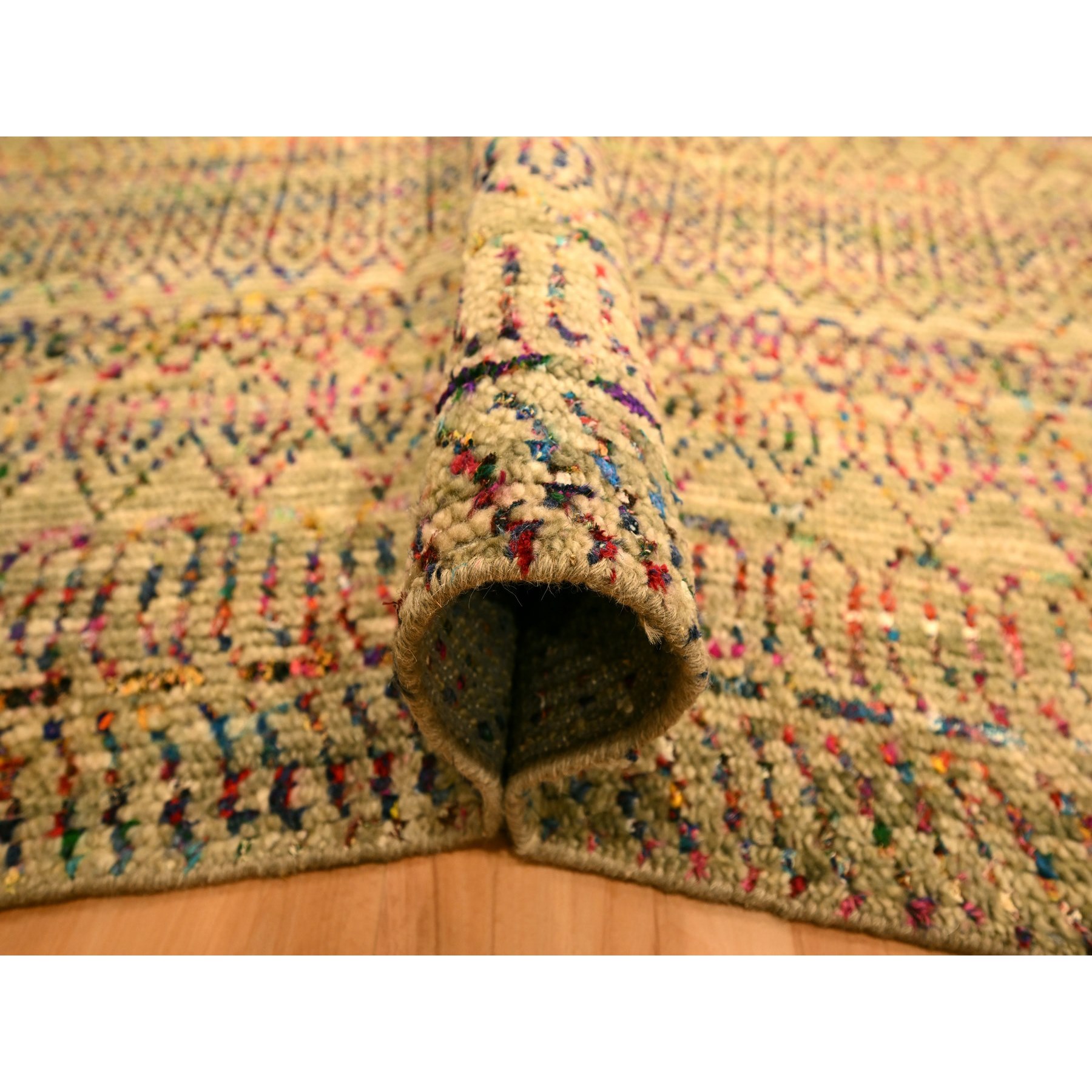 9'x12'3" Burlywood Brown, Sari Silk and Wool, Repetitive Line and Geometric Design, Hand Knotted, Oriental, Rug Sh76181