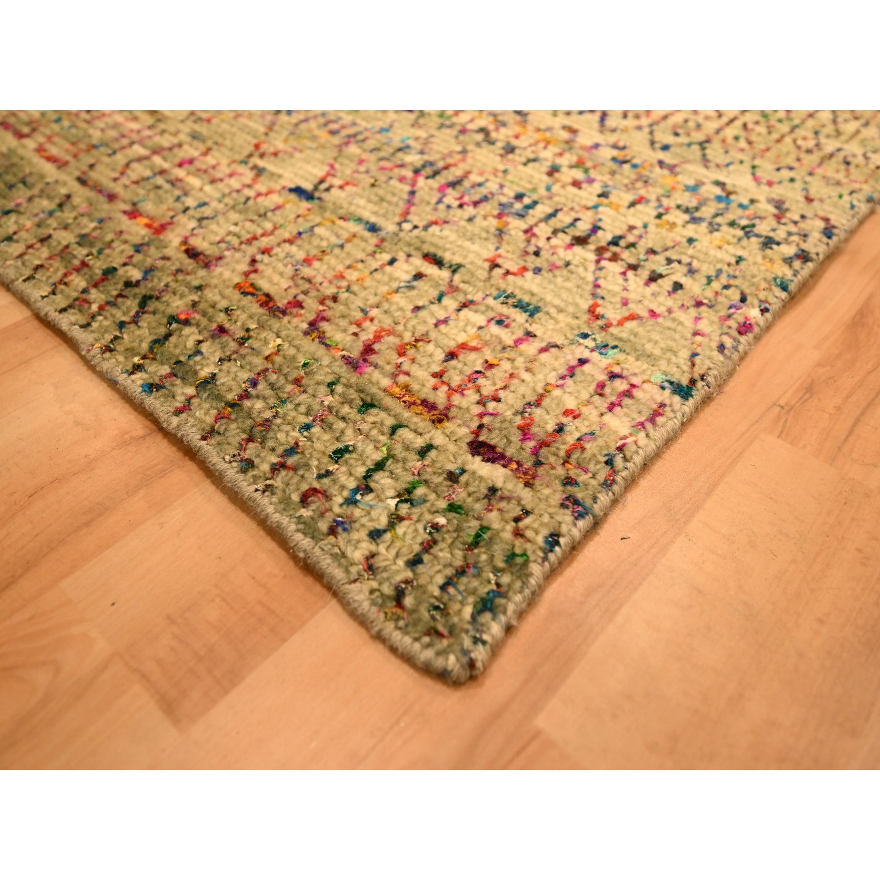 9'x12'3" Burlywood Brown, Sari Silk and Wool, Repetitive Line and Geometric Design, Hand Knotted, Oriental, Rug Sh76181