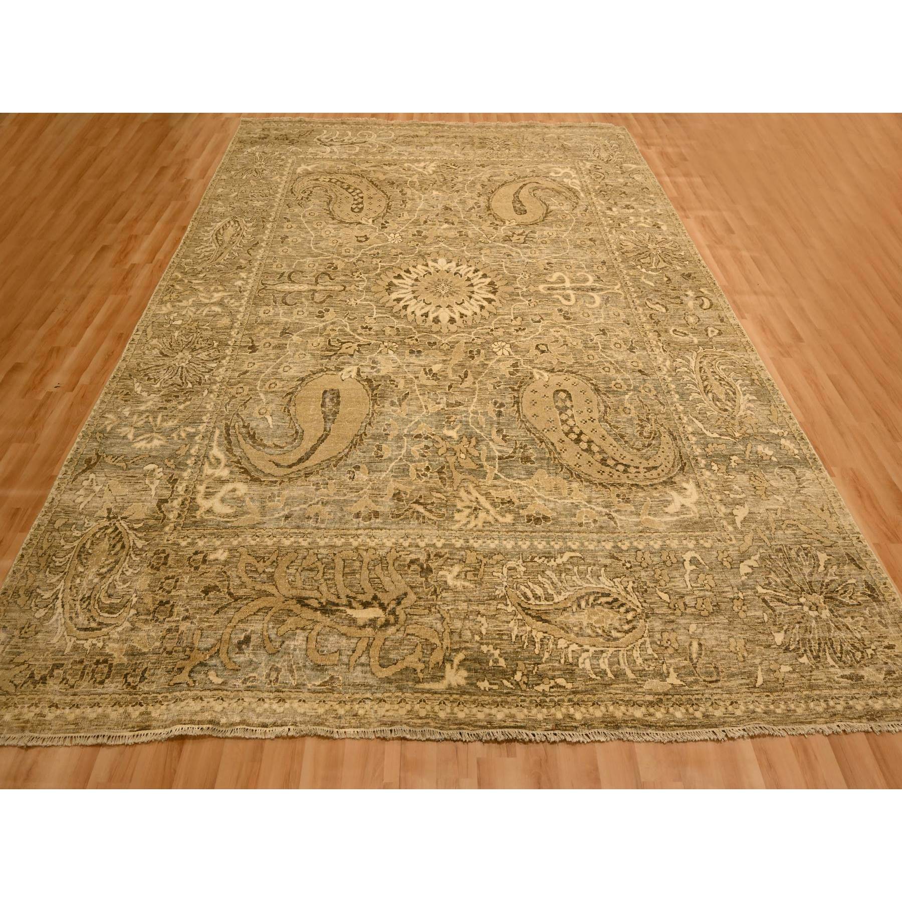8'9"x11'10" Earth Tone Colors, Tone on Tone, Zero Pile, Distressed, Shaved Low with Suzani Design, Hand Knotted, 100% Wool, Oriental Rug Sh76182