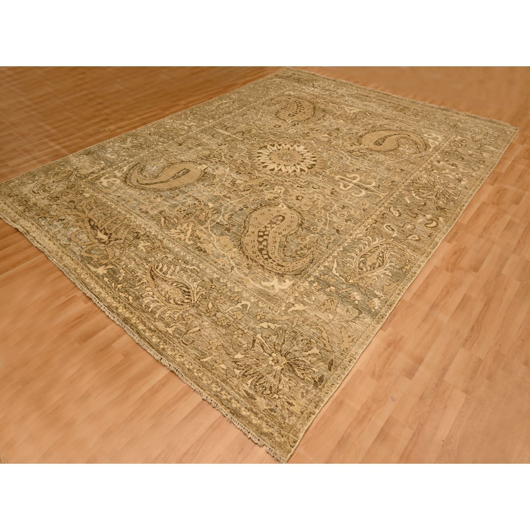 8'9"x11'10" Earth Tone Colors, Tone on Tone, Zero Pile, Distressed, Shaved Low with Suzani Design, Hand Knotted, 100% Wool, Oriental Rug Sh76182