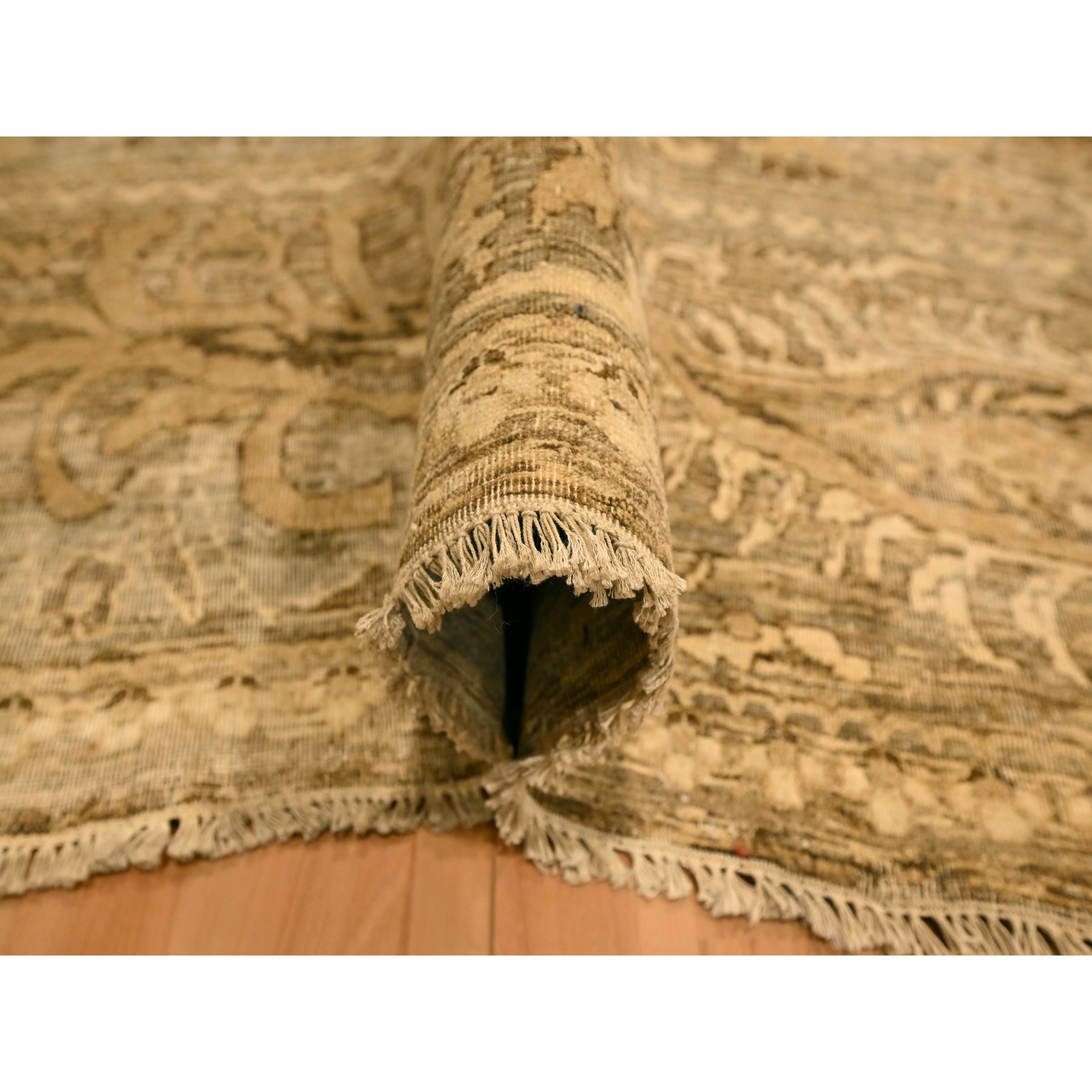 8'9"x11'10" Earth Tone Colors, Tone on Tone, Zero Pile, Distressed, Shaved Low with Suzani Design, Hand Knotted, 100% Wool, Oriental Rug Sh76182