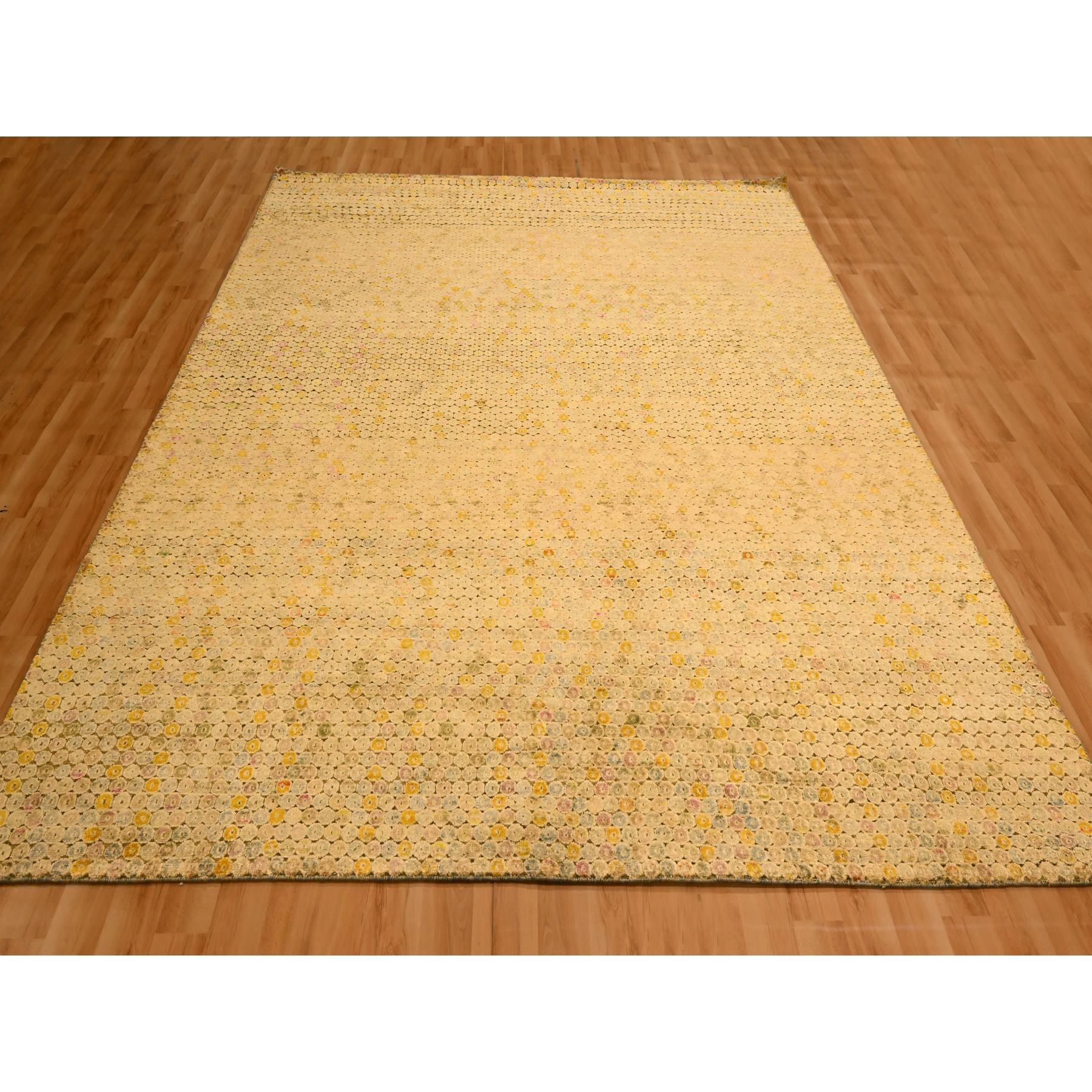 8'1"x10'1" Beige with Golden Yellow, THE BUTTONS, Distressed Colors, Wool and Sari Silk, Hand Knotted, Soft to the Touch, Oriental Rug Sh76184