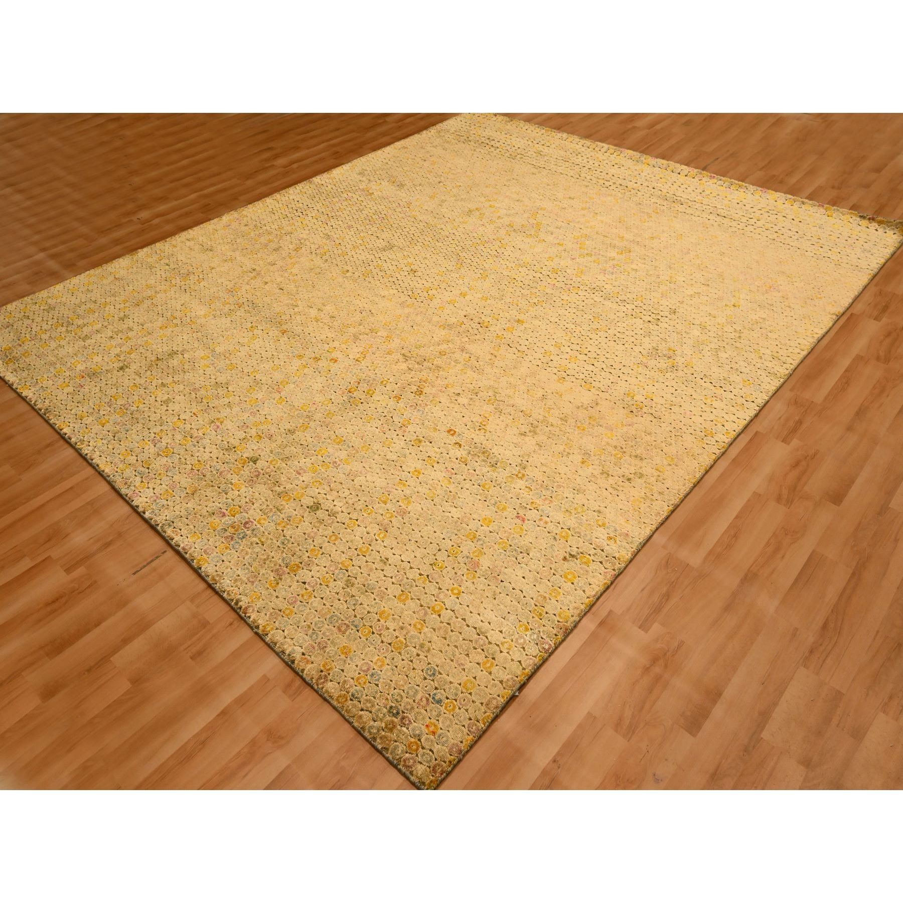 8'1"x10'1" Beige with Golden Yellow, THE BUTTONS, Distressed Colors, Wool and Sari Silk, Hand Knotted, Soft to the Touch, Oriental Rug Sh76184