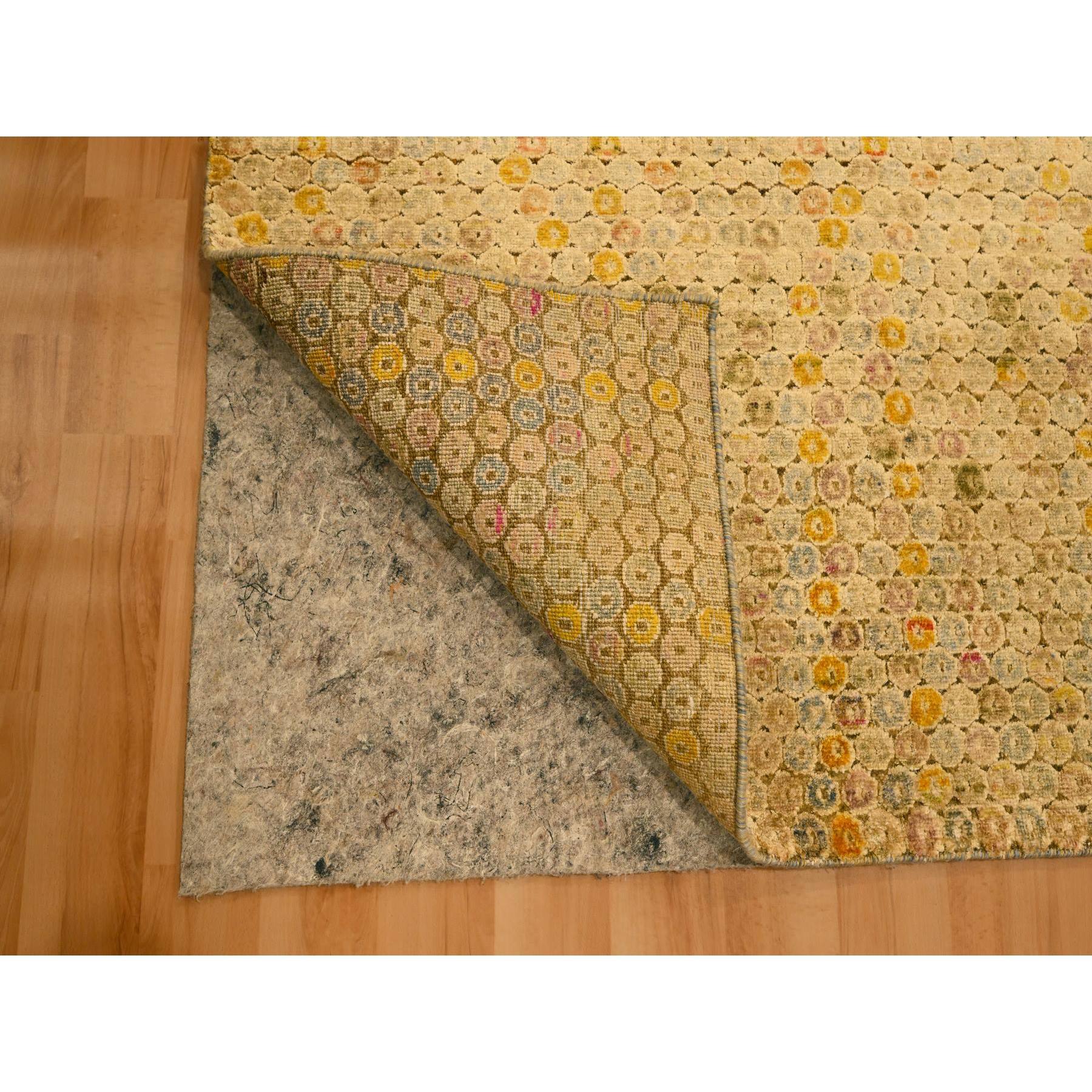 8'1"x10'1" Beige with Golden Yellow, THE BUTTONS, Distressed Colors, Wool and Sari Silk, Hand Knotted, Soft to the Touch, Oriental Rug Sh76184
