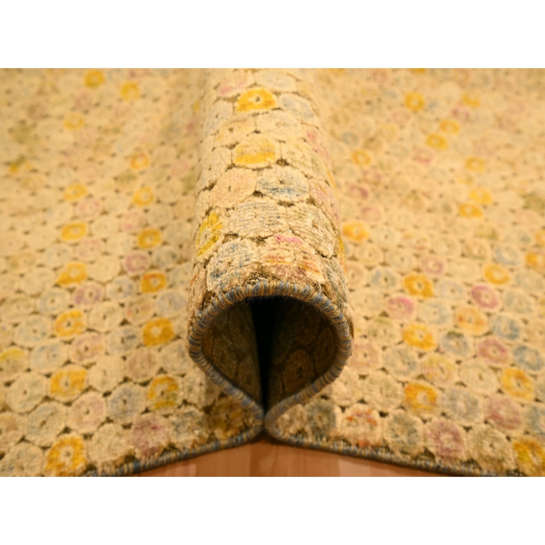 8'1"x10'1" Beige with Golden Yellow, THE BUTTONS, Distressed Colors, Wool and Sari Silk, Hand Knotted, Soft to the Touch, Oriental Rug Sh76184