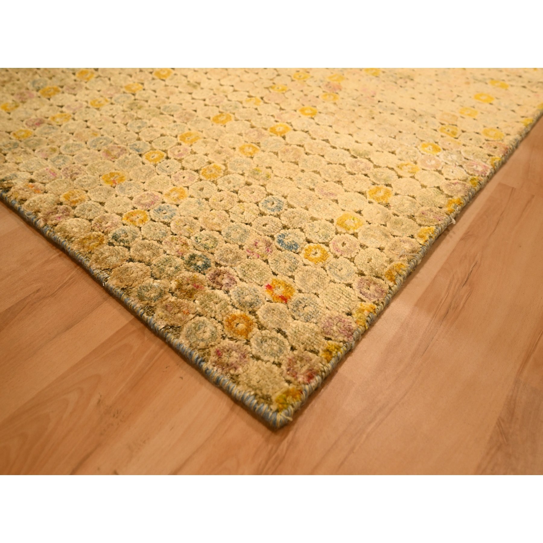 8'1"x10'1" Beige with Golden Yellow, THE BUTTONS, Distressed Colors, Wool and Sari Silk, Hand Knotted, Soft to the Touch, Oriental Rug Sh76184