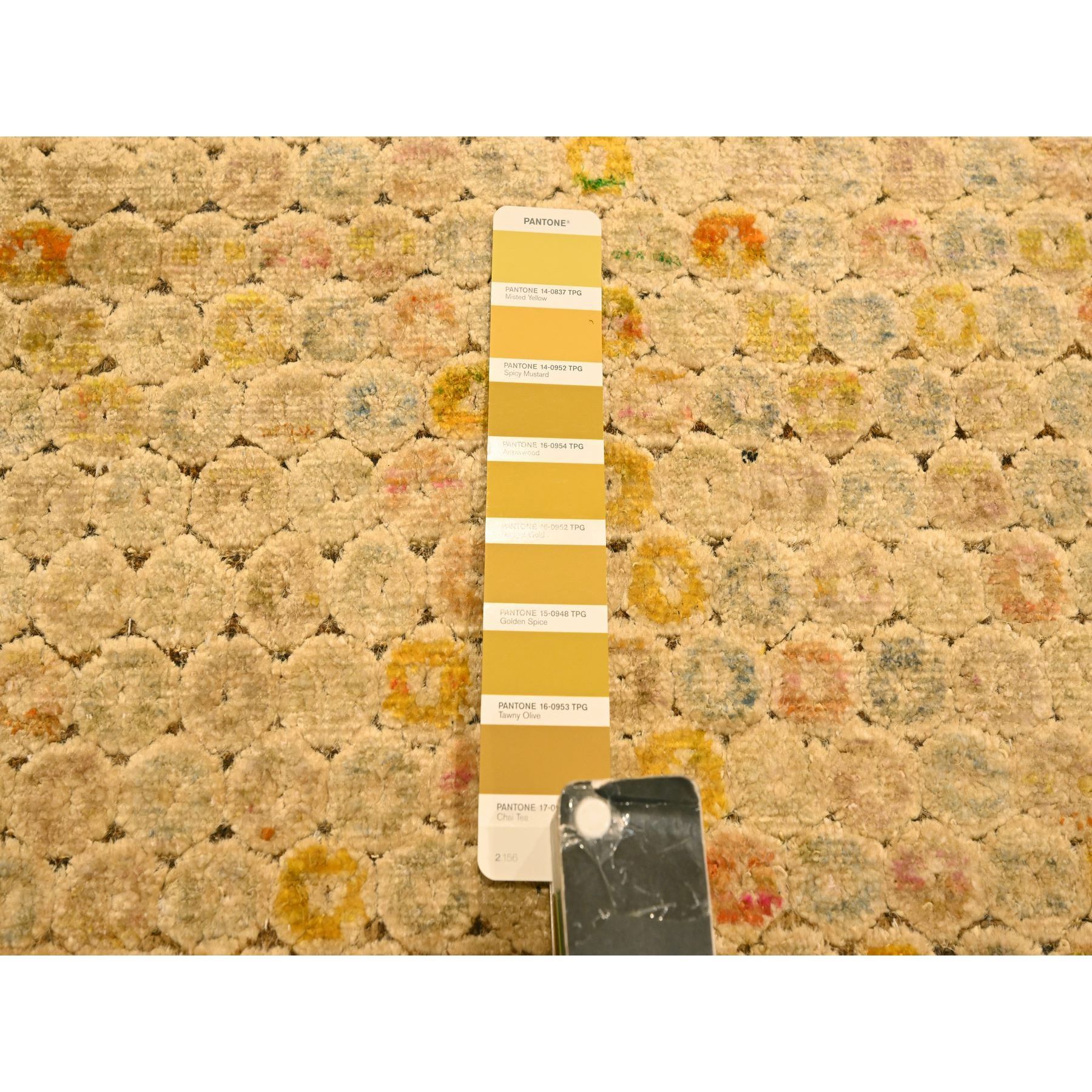 8'1"x10'1" Beige with Golden Yellow, THE BUTTONS, Distressed Colors, Wool and Sari Silk, Hand Knotted, Soft to the Touch, Oriental Rug Sh76184