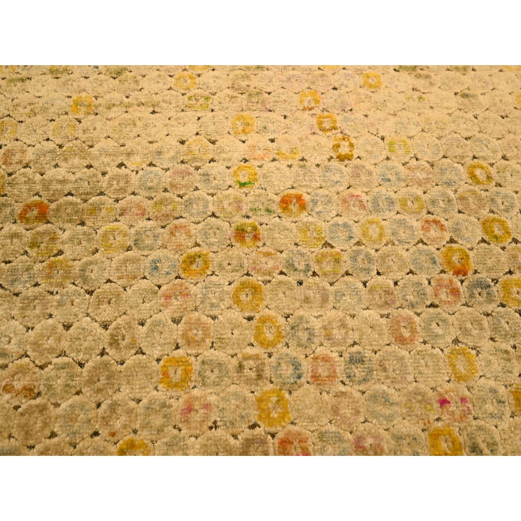 8'1"x10'1" Beige with Golden Yellow, THE BUTTONS, Distressed Colors, Wool and Sari Silk, Hand Knotted, Soft to the Touch, Oriental Rug Sh76184