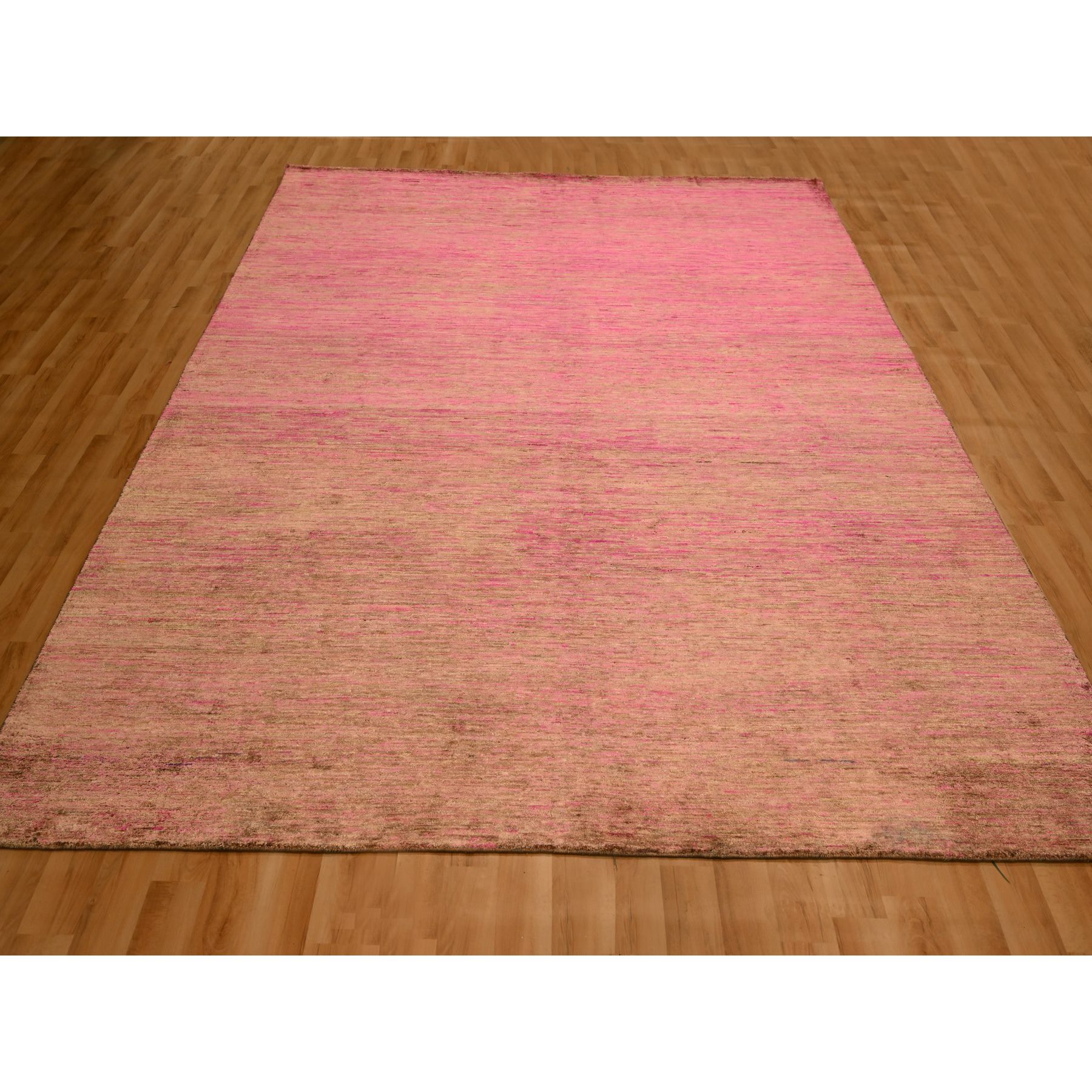 7'9"x10' Rose Pink, Sari Silk, Modern Line Design, Hand Knotted, Soft to the Touch, Oriental Rug Sh76187