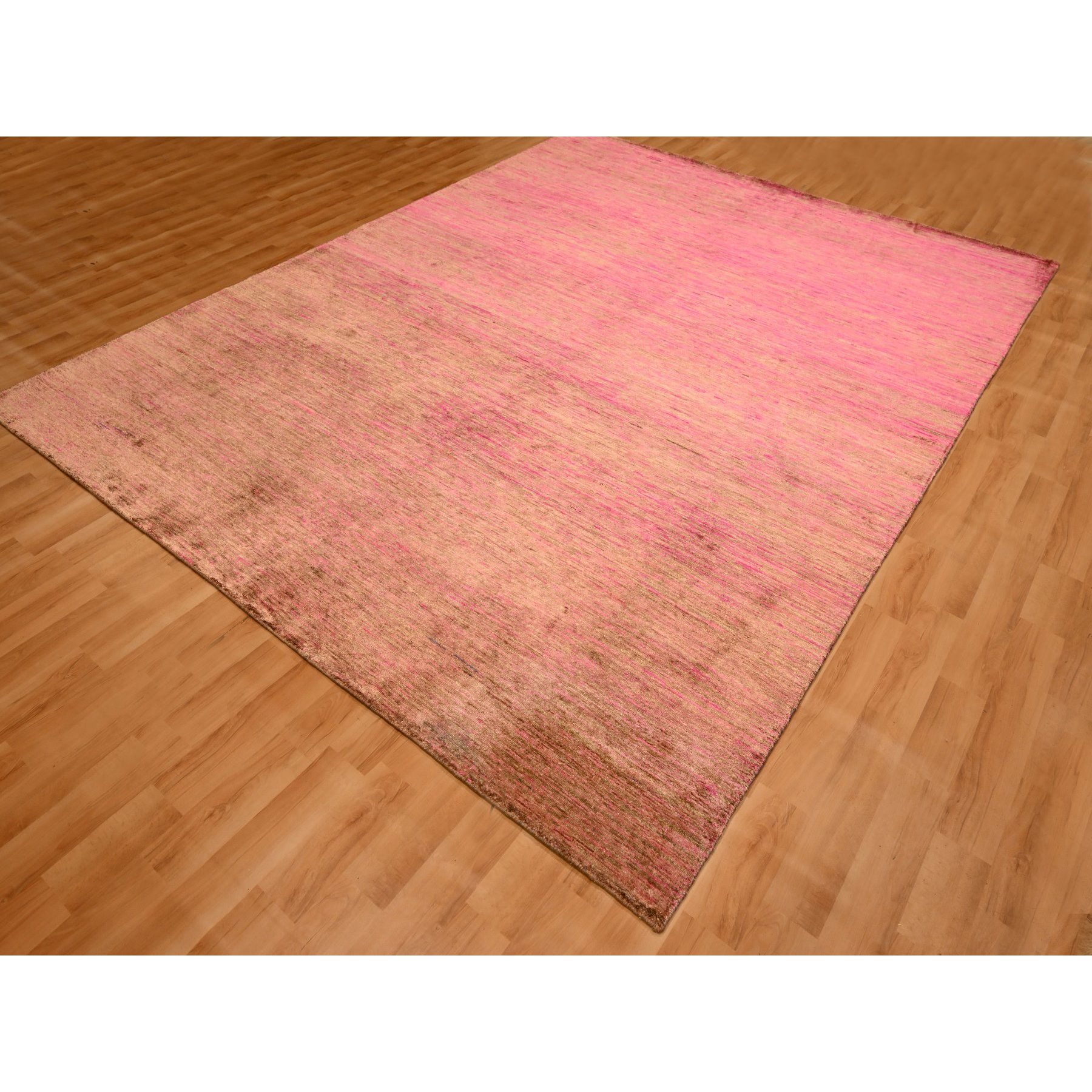 7'9"x10' Rose Pink, Sari Silk, Modern Line Design, Hand Knotted, Soft to the Touch, Oriental Rug Sh76187