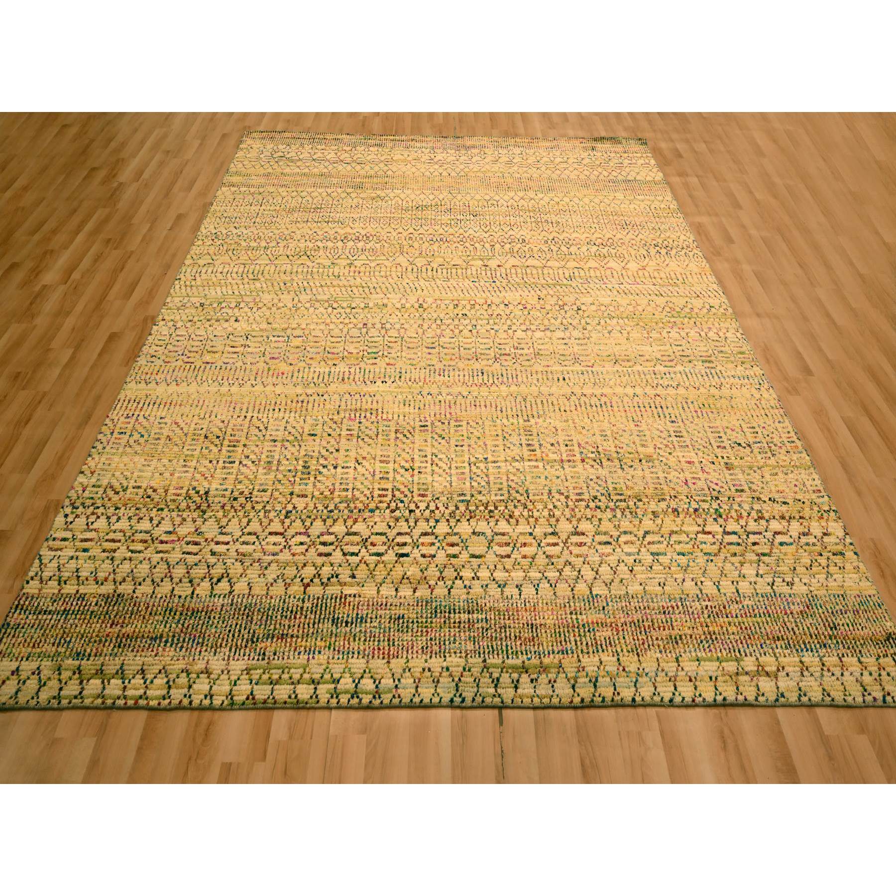 7'9"x9'10" Ecru Brown, Striae Design Geometric Pattern, Textured Wool and Sari Silk, Hand Knotted, Oriental Rug Sh76189